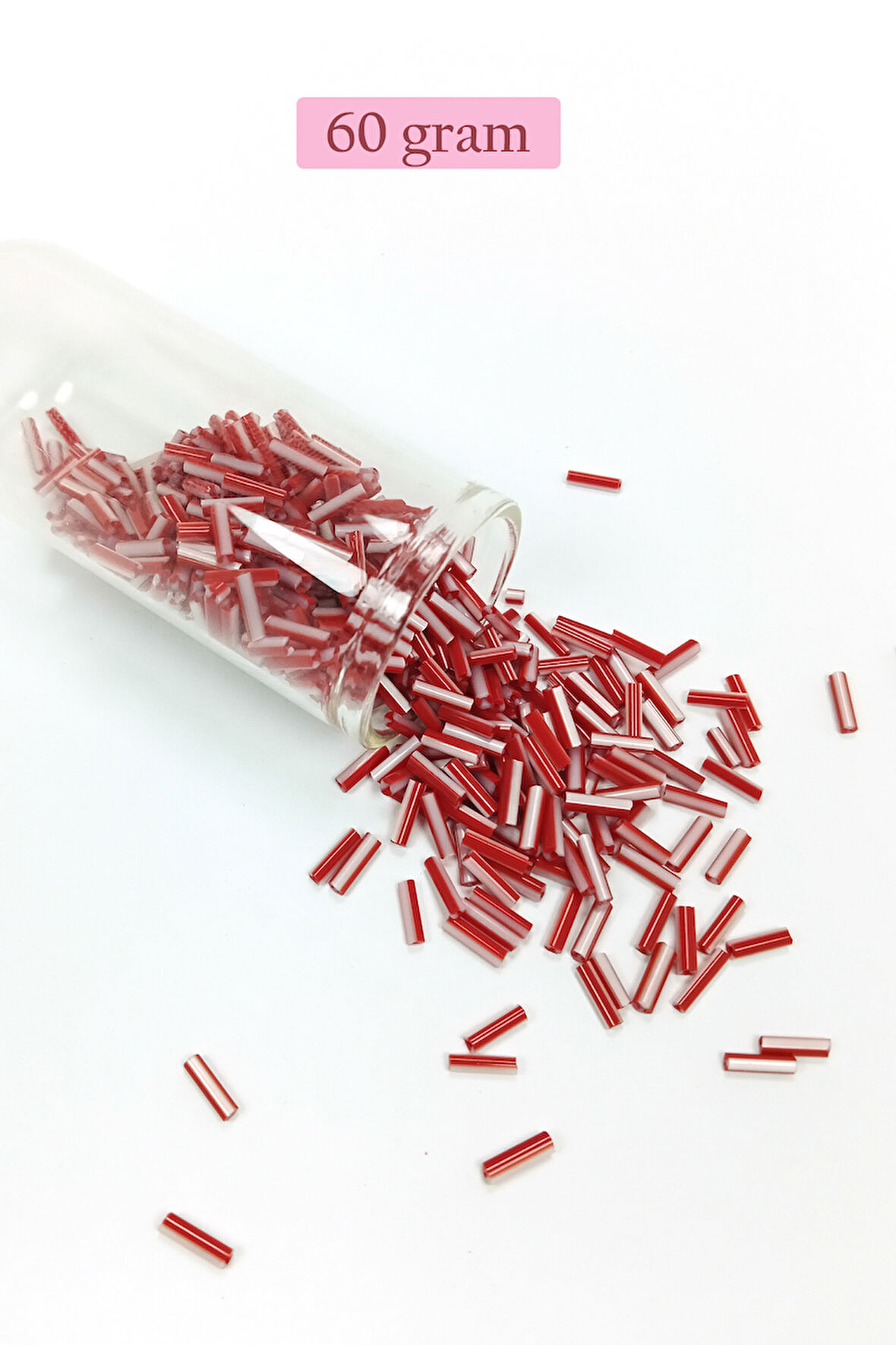 Uzun Boru Kesme Boncuk Çap 2mm Uzunluk 10 mm - 60 Gram - Kırmızı Beyaz - BNC278
