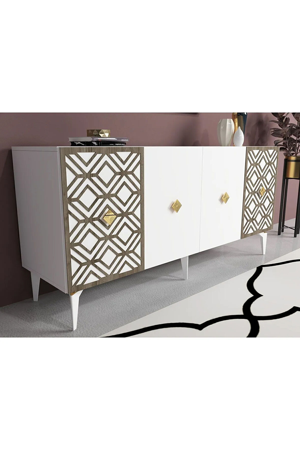 ALİZADH KONSOL 4 KAPAKLI LAZER KESİMLİ BEYAZ (CEVİZ DESEN)