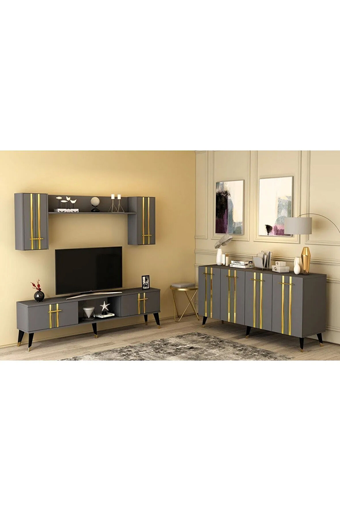 ASELDH TV ÜNİTESİ ve KONSOL 2'Lİ SALON TAKIMI ANTRASİT-ALTIN