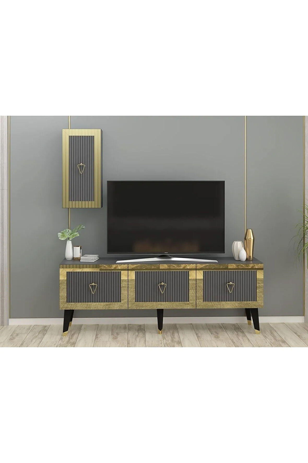 BAREDH 150 CM LAZER DESENLİ TV ÜNİTESİ ANTRASİT-ALTIN