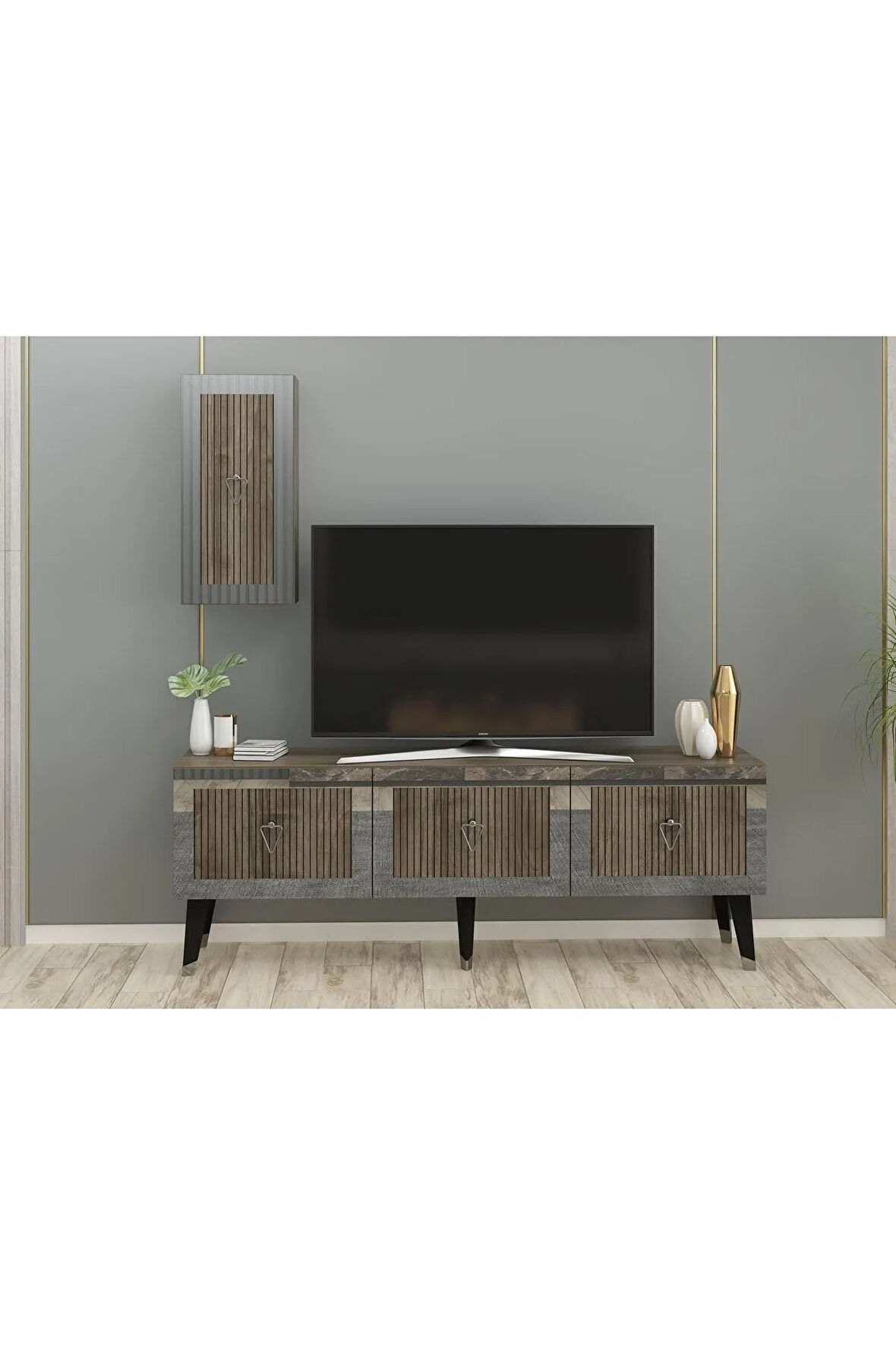 BAREDH 150 CM LAZER DESENLİ TV ÜNİTESİ CEVİZ-GÜMÜŞ
