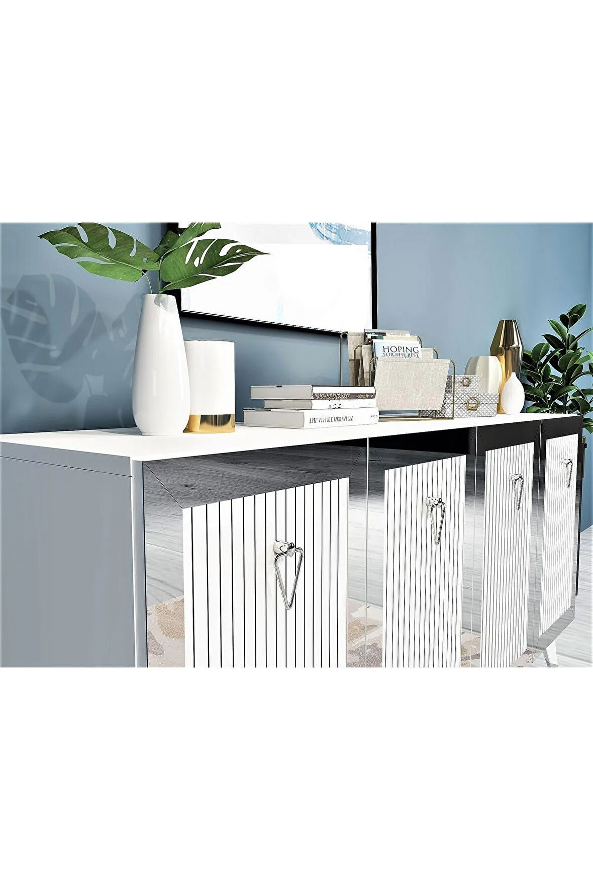 BAREDH LAZER DESENLİ KONSOL BEYAZ GÜMÜŞ