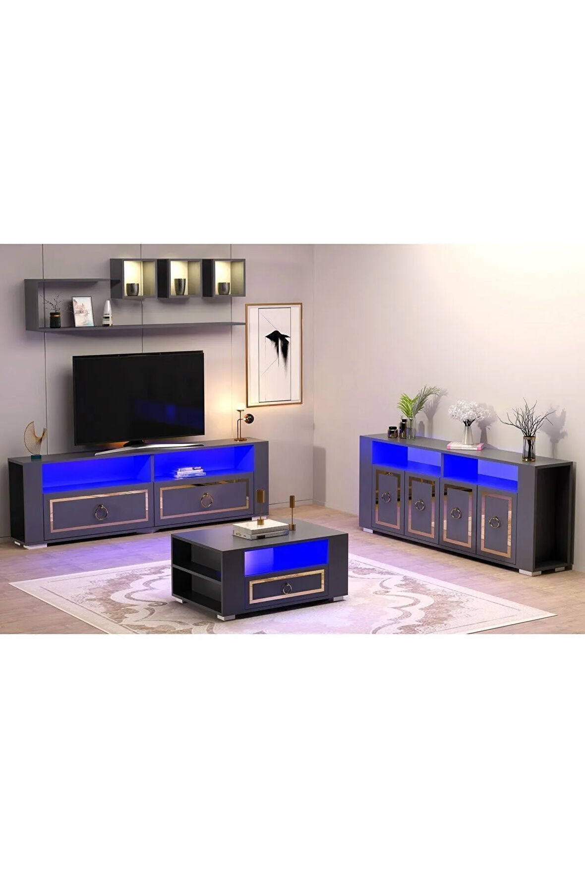 CALVİNDH LED AYDINLATMALI ,SPOT IŞIKLI  TV ÜNİTESİ, ORTA SEHPA VE KONSOL SALON TAKIMI ANTRASİT-ALTIN