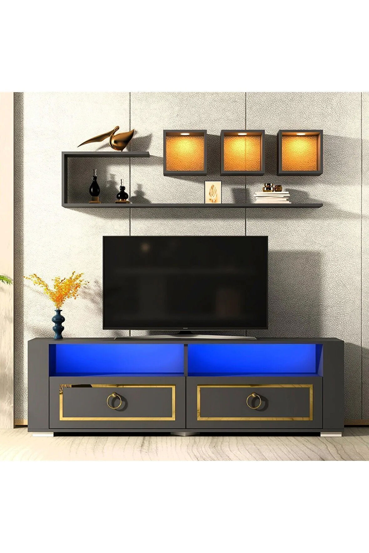 CALVİNDH LED AYDINLATMALI ,SPOT IŞIKLI TV ÜNİTESİ TAKIMI ANTRASİT-ALTIN