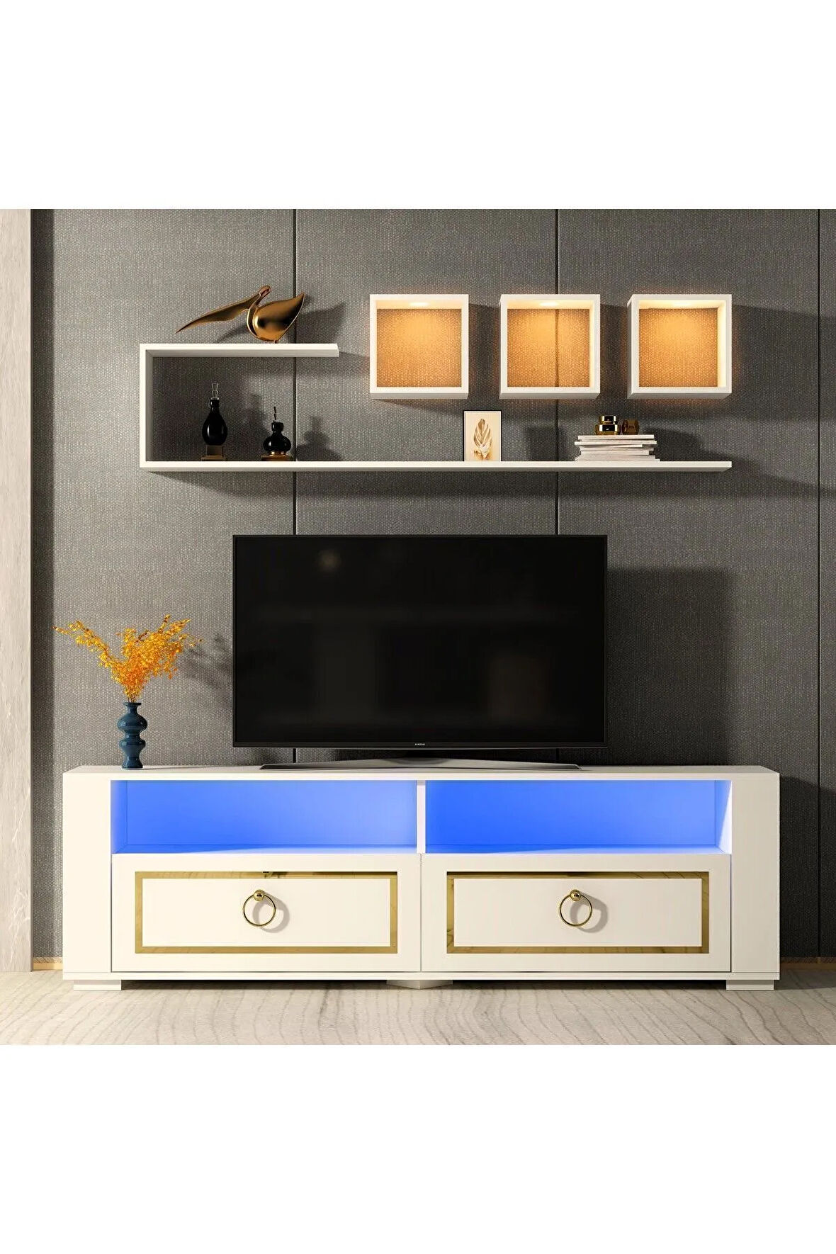 CALVİNDH LED AYDINLATMALI ,SPOT IŞIKLI TV ÜNİTESİ TAKIMI BEYAZ-ALTIN