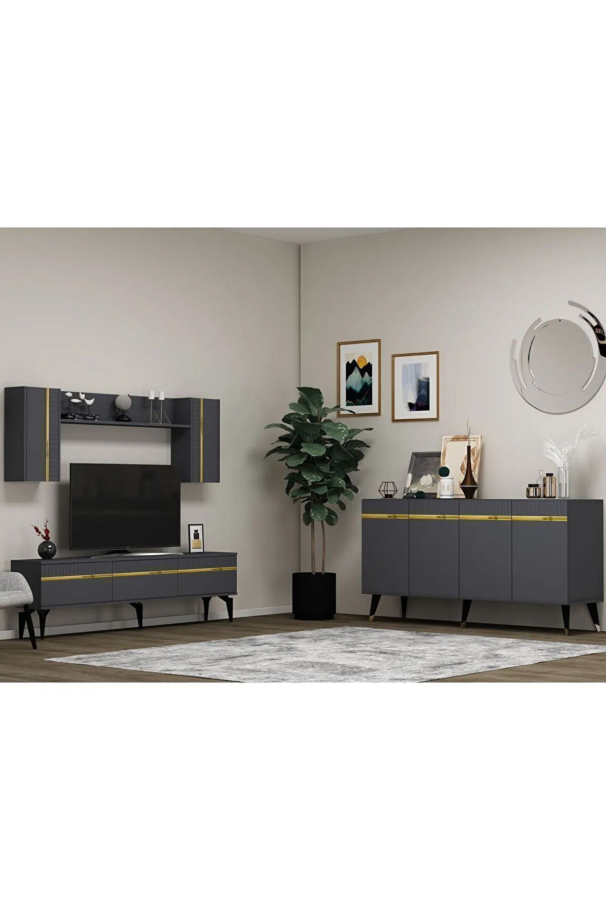 DEFNEDH 180 CM TV ÜNİTESİ VE KONSOL  2'Lİ SALON TAKIMI ANTRASİT ALTIN