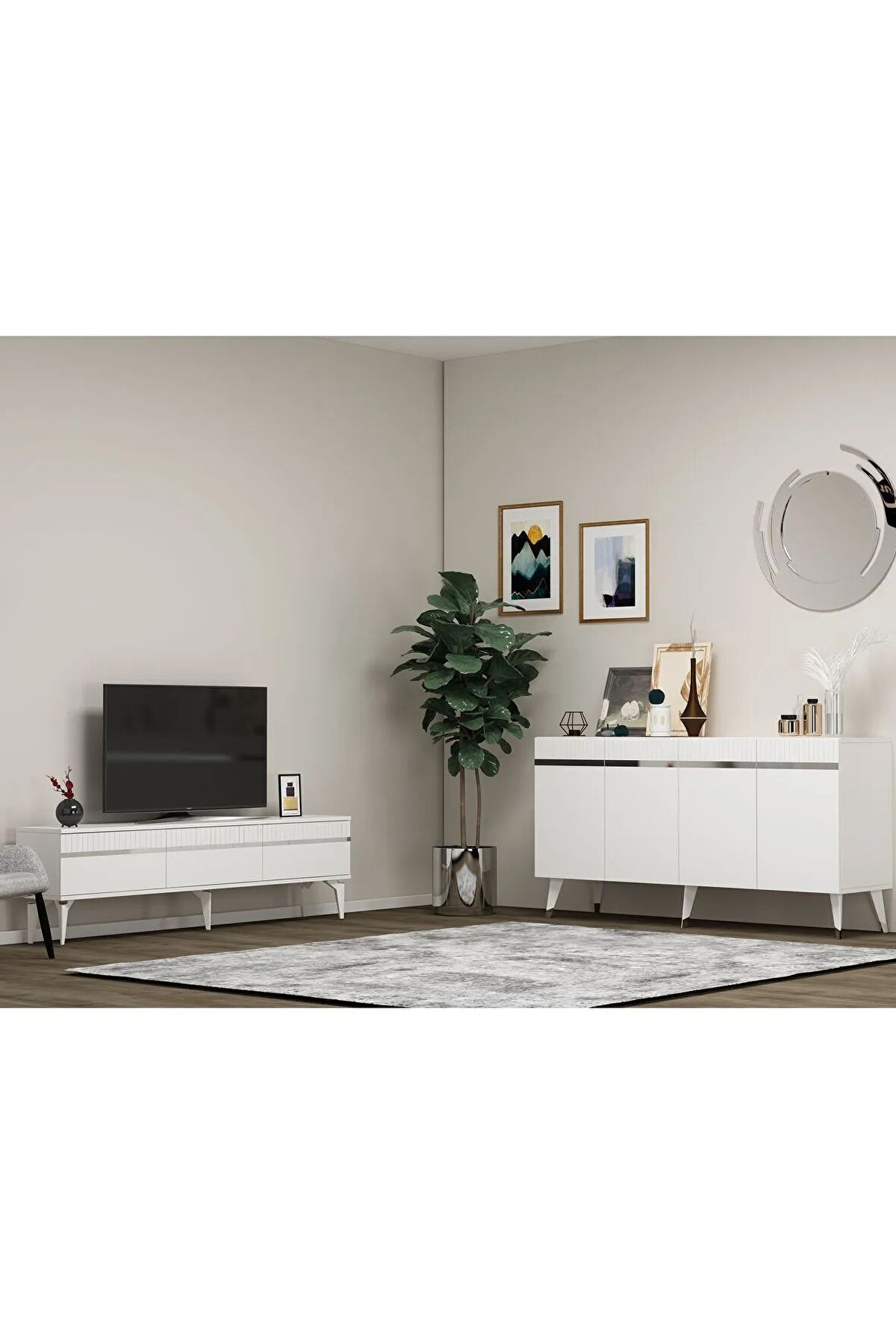 DEFNEDH TV SEHPASI ve KONSOL 2'Lİ SALON TAKIMI BEYAZ-GÜMÜŞ