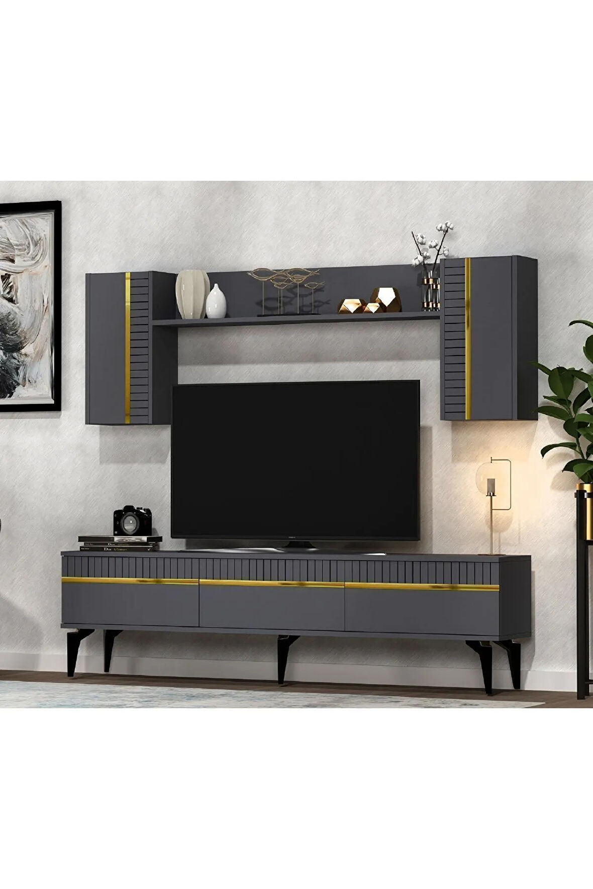 DEFNEDH 180 CM TV ÜNİTESİ ANTRASİT ALTIN