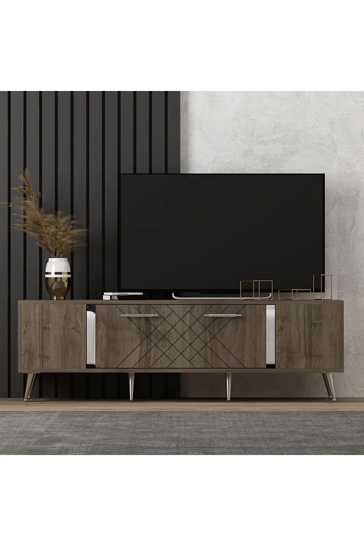 DETASDH 150 CM LAZER DESENLİ TV ÜNİTESİ CEVİZ-GÜMÜŞ