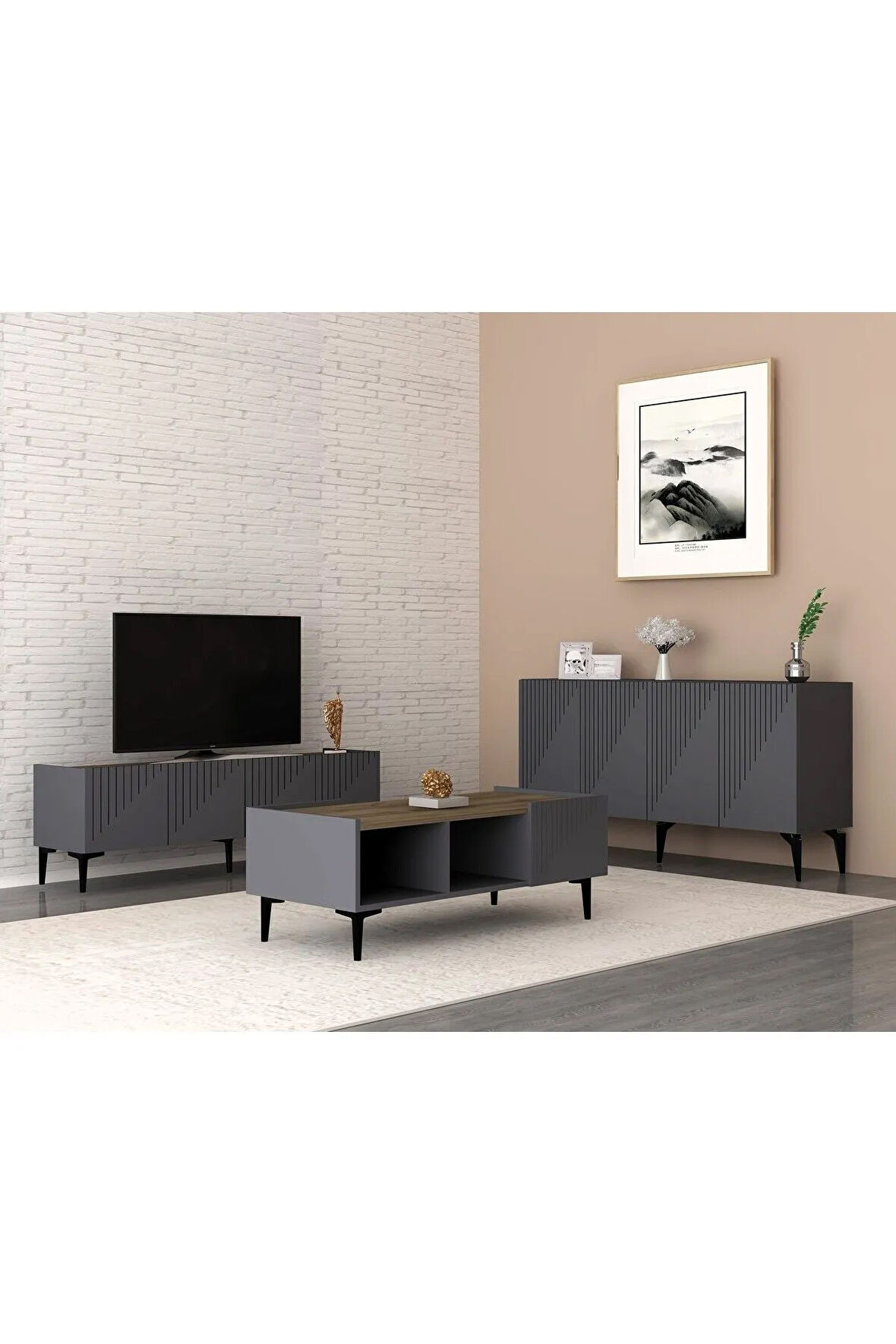 DRAWDH TV SEHPASI , KONSOL VE ORTA SEHPA 3'lü SALON TAKIMI ANTRASİT-CEVİZ