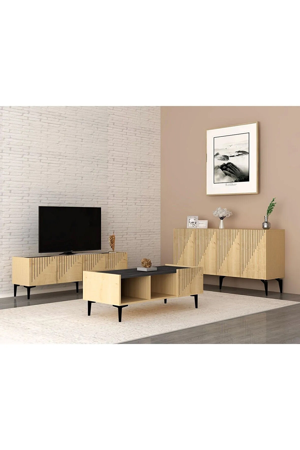 Drawdh Tv Sehpası Konsol Ve Orta Sehpa 3'lü Salon Takımı Safirmeşe Royalmermer