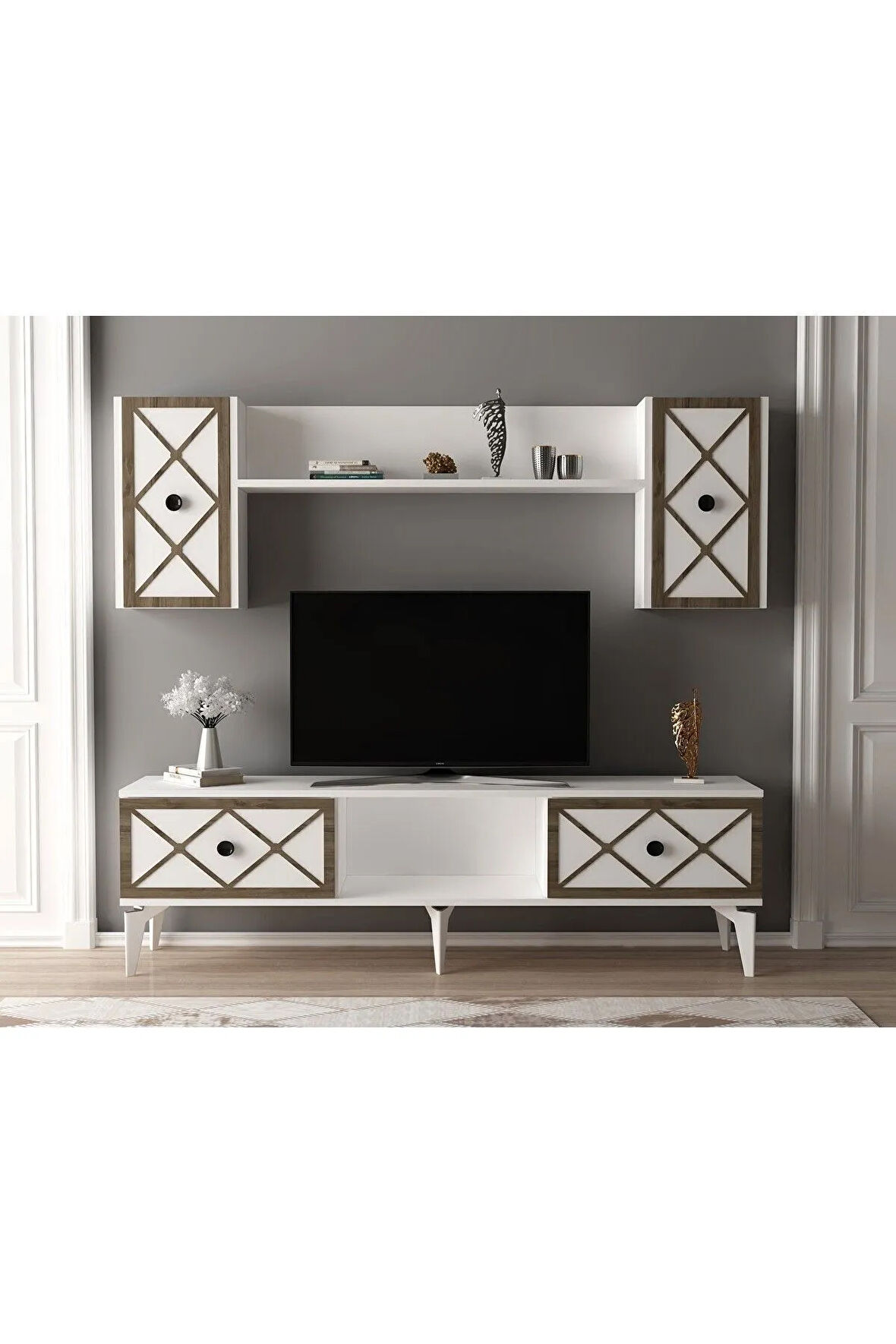 HELENDH TV ÜNİTESİ TAKIMI BEYAZ-(CEVİZ DESEN)