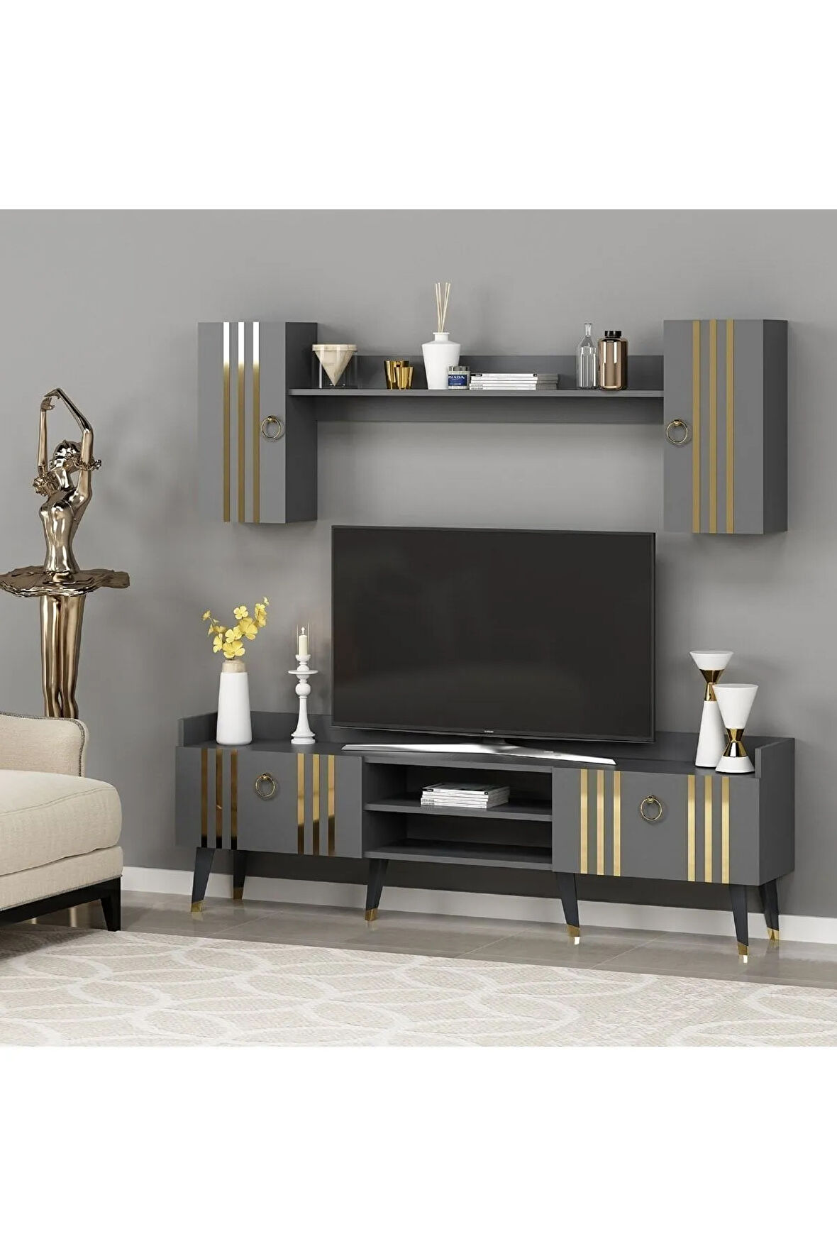 IŞILDH 180 CM TV ÜNİTESİ ANTRASİT-ALTIN