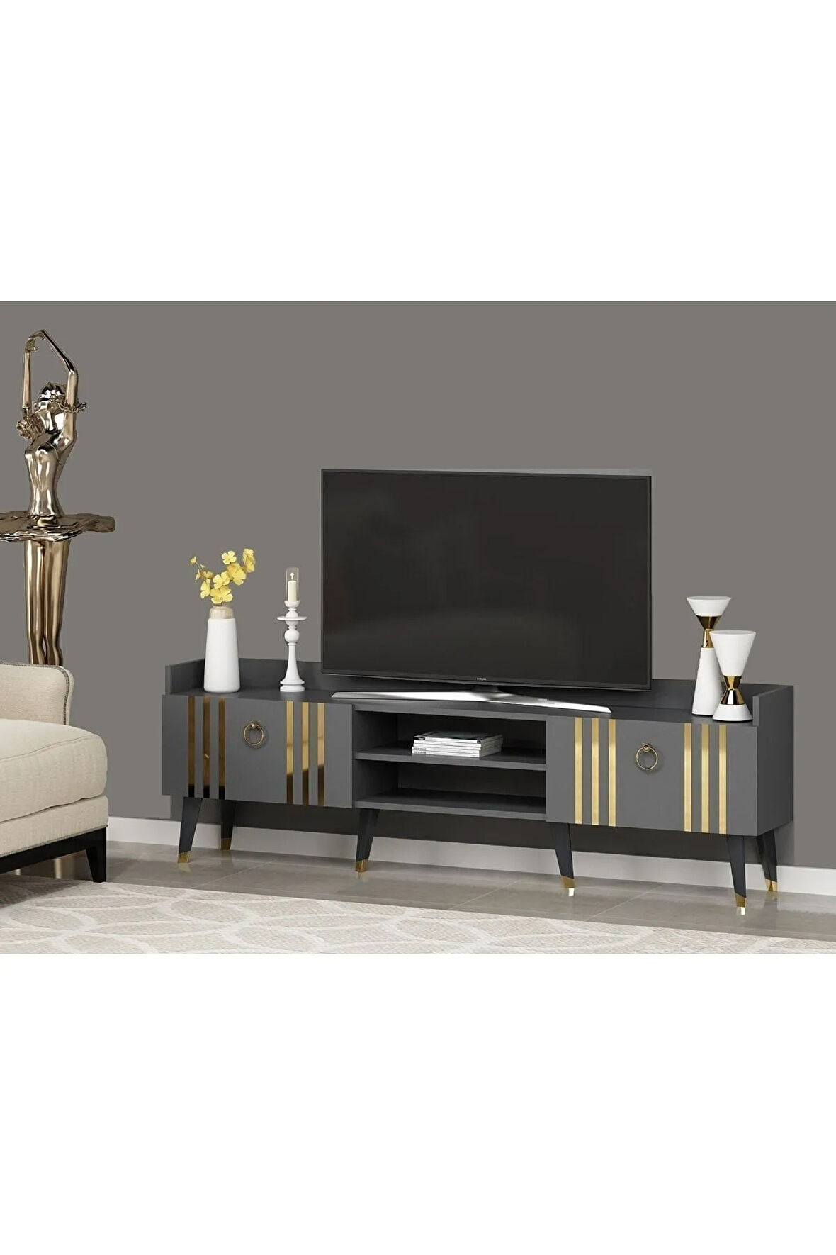 Işıldh 180 Cm Tv Sehpası Antrasit Altın