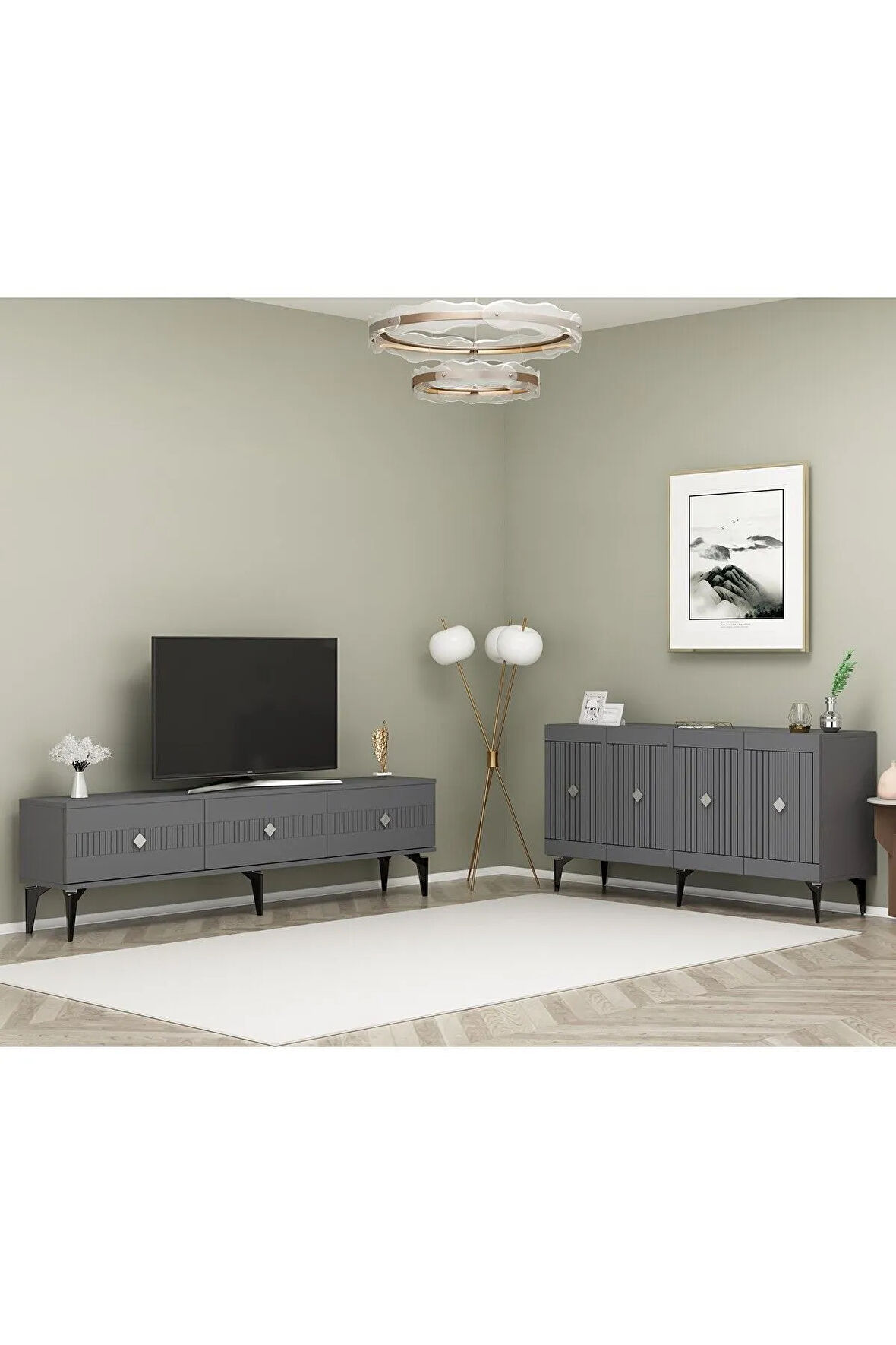 MİDASDH 180 CM TV SEHPASI (ALT MODÜL) VE 4 KAPAKLI KONSOL 2'Lİ SALON TAKIMI ANTRASİT-GÜMÜŞ