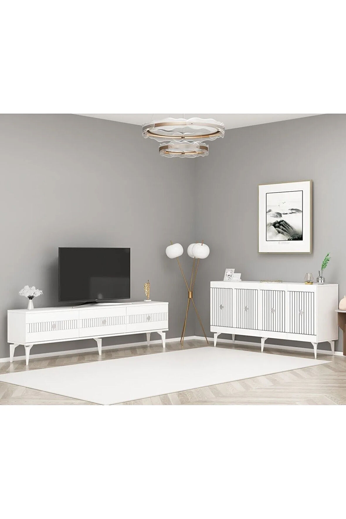 MİDASDH 180 CM TV SEHPASI (ALT MODÜL) VE 4 KAPAKLI KONSOL 2'Lİ SALON TAKIMI BEYAZ -GÜMÜŞ