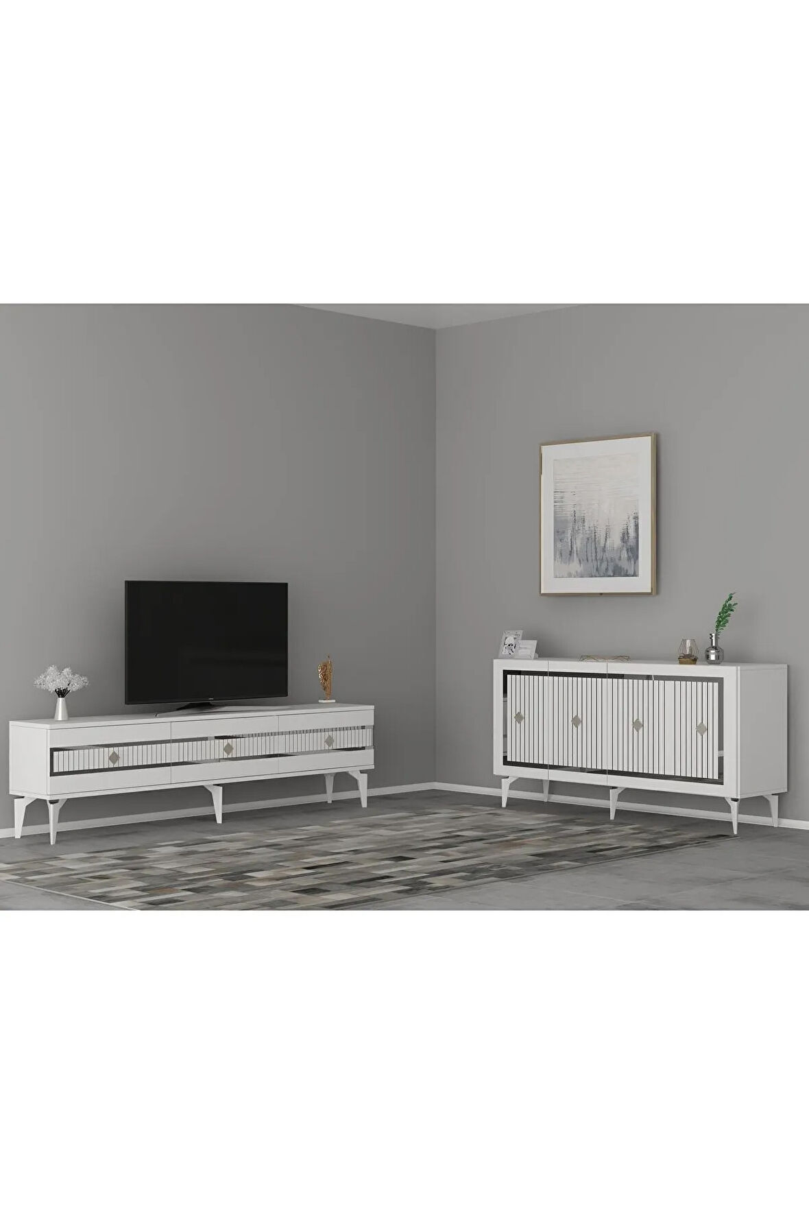 NOVADH TV SEHPASI (alt modül) ve KONSOL 2'Lİ SALON TAKIMI BEYAZ-GÜMÜŞ