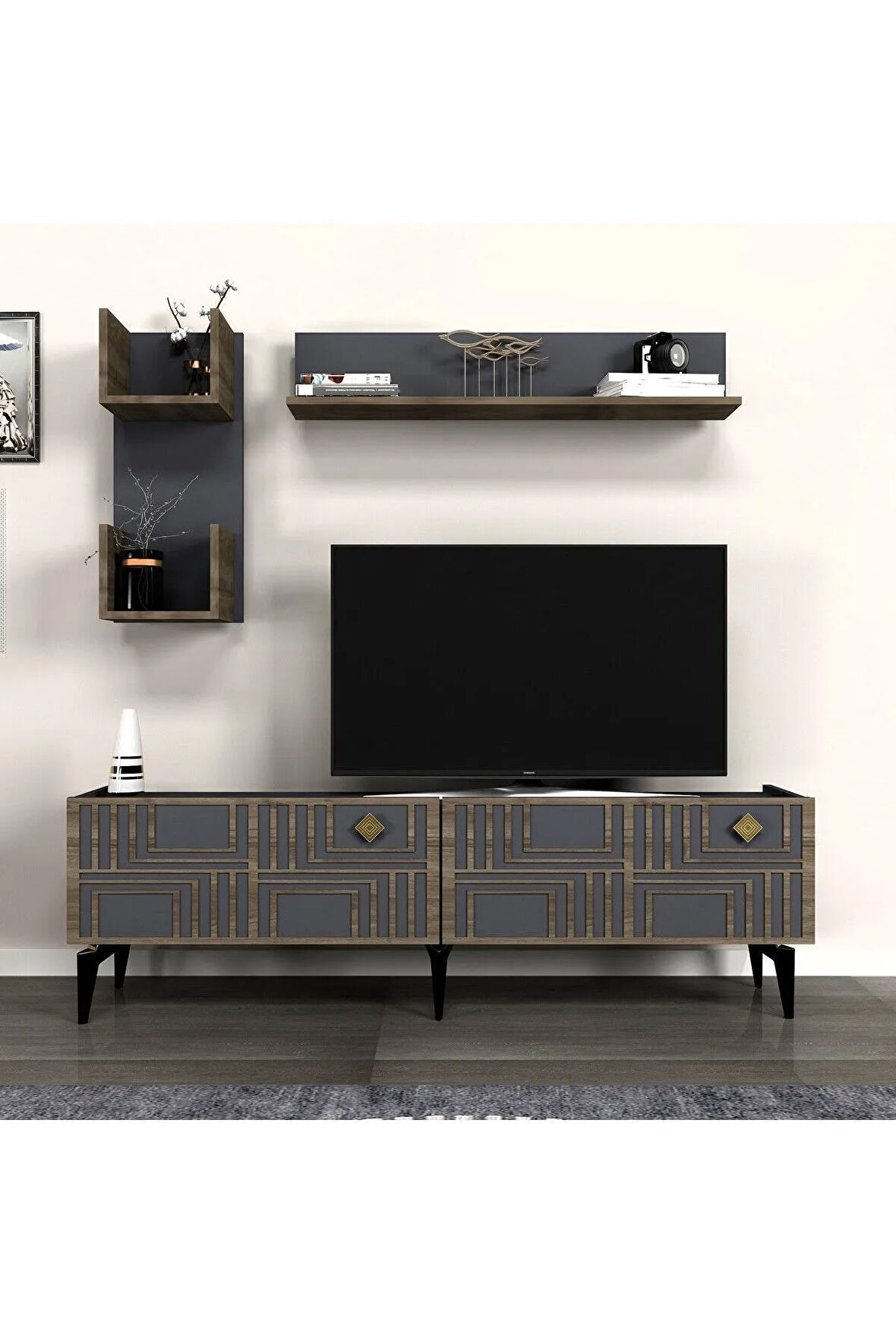 PİNEDH TV ÜNİTESİ TAKIMI ANTRASİT-(CEVİZ DESEN)