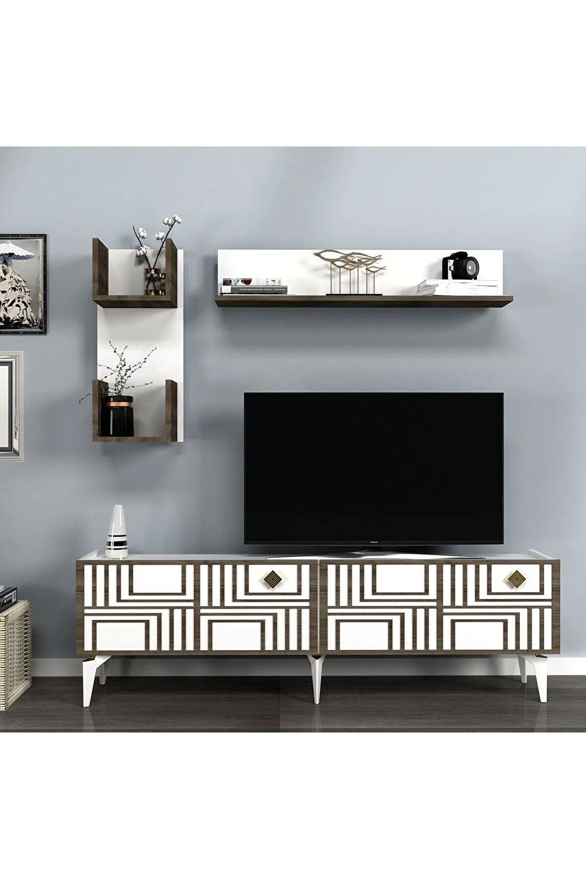 PİNEDH TV ÜNİTESİ TAKIMI BEYAZ-(CEVİZ DESEN)
