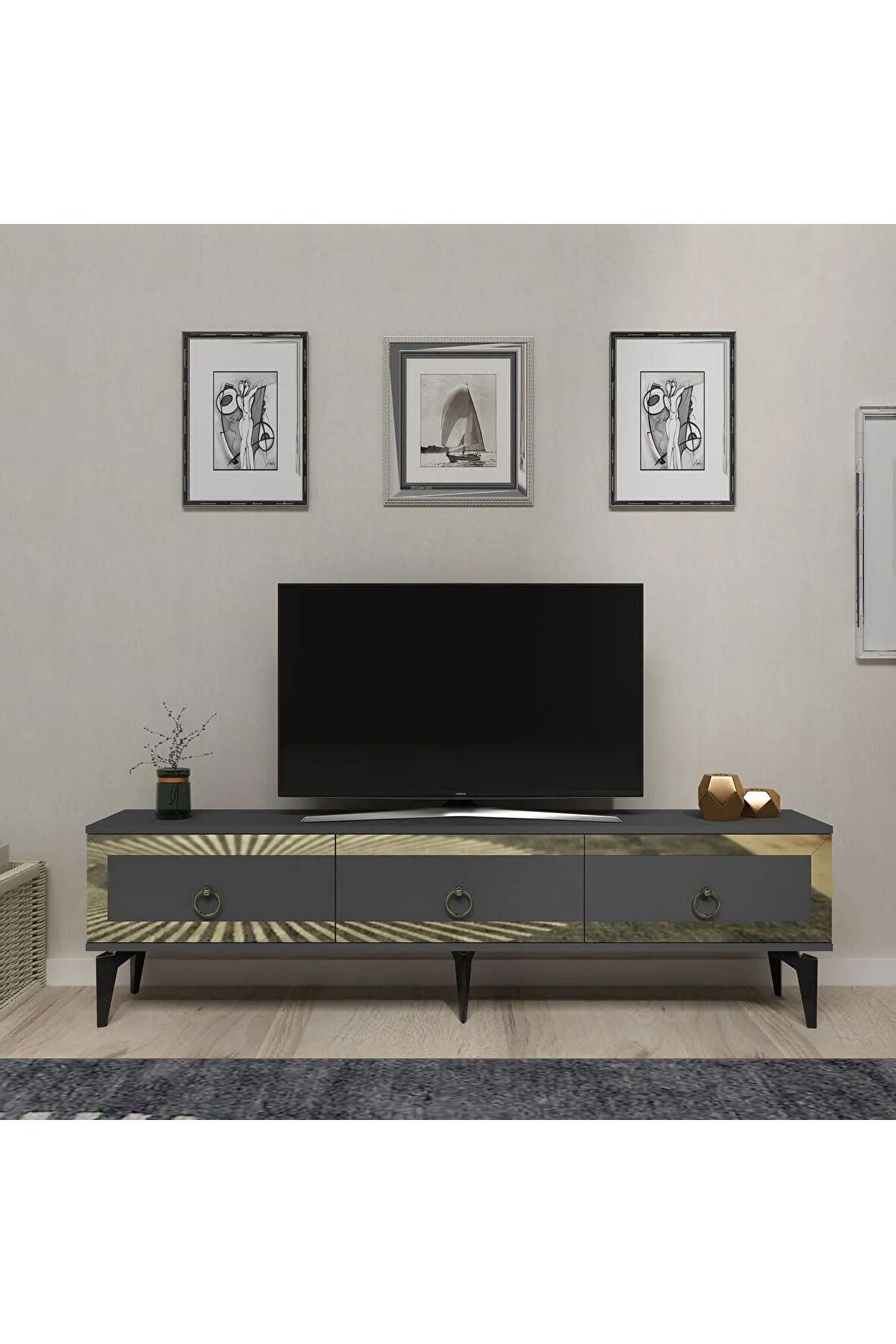 Ponnydh Tv Sehpası Antrasit Altın