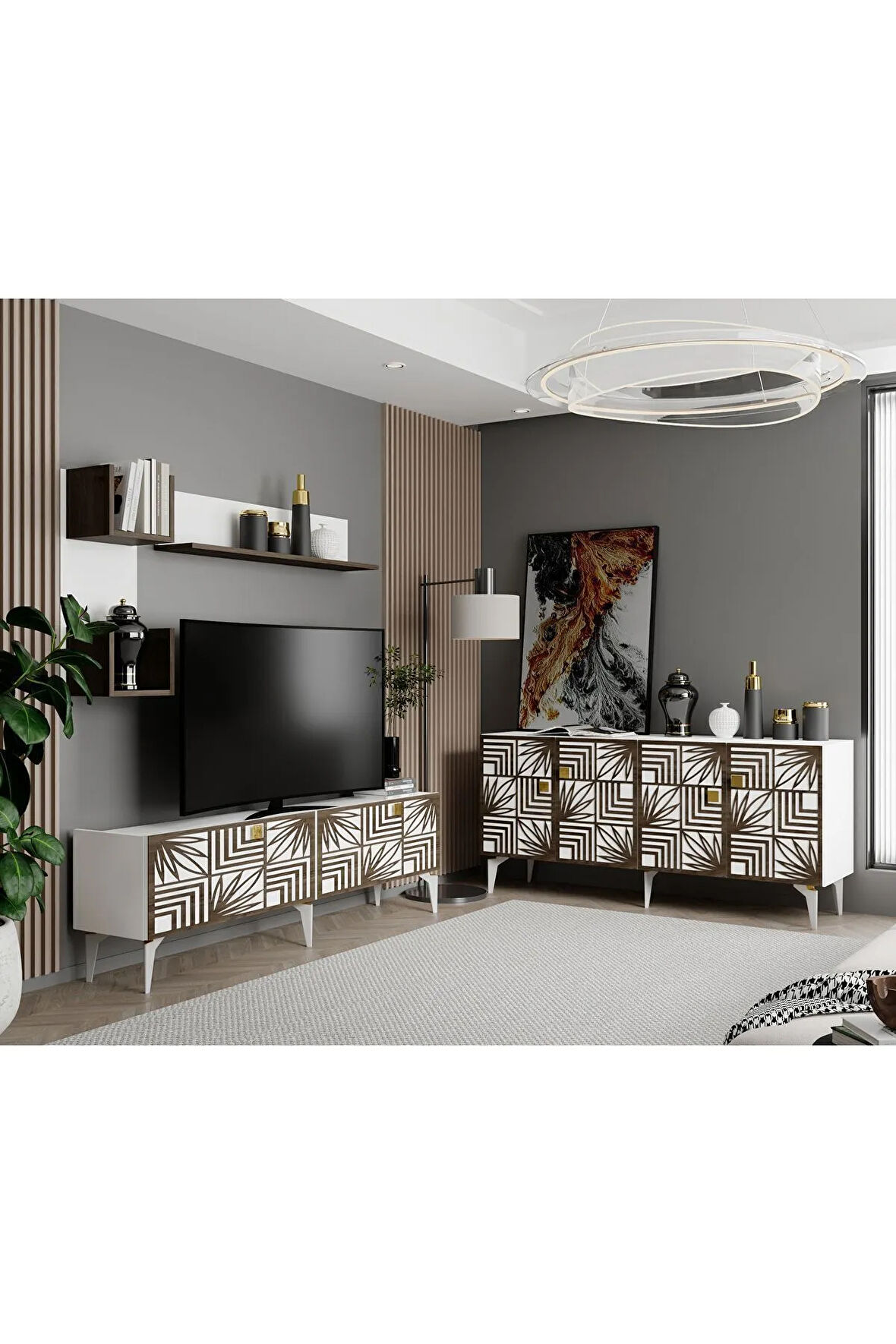 TUCASDH TV ÜNİTESİ ve KONSOL 2'Lİ SALON TAKIMI BEYAZ- (CEVİZ DESEN)