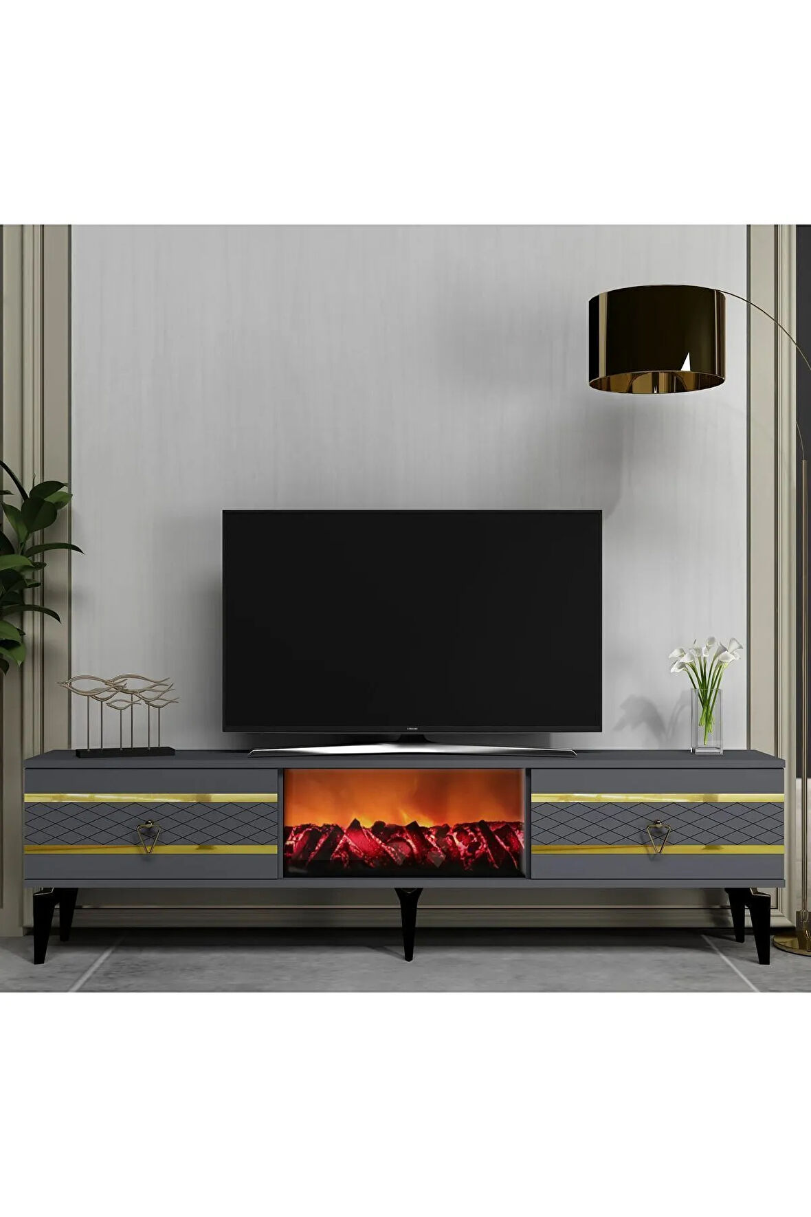 PELİNDH TV SEHPASI ŞÖMİNELİ ANTRASİT-ALTIN