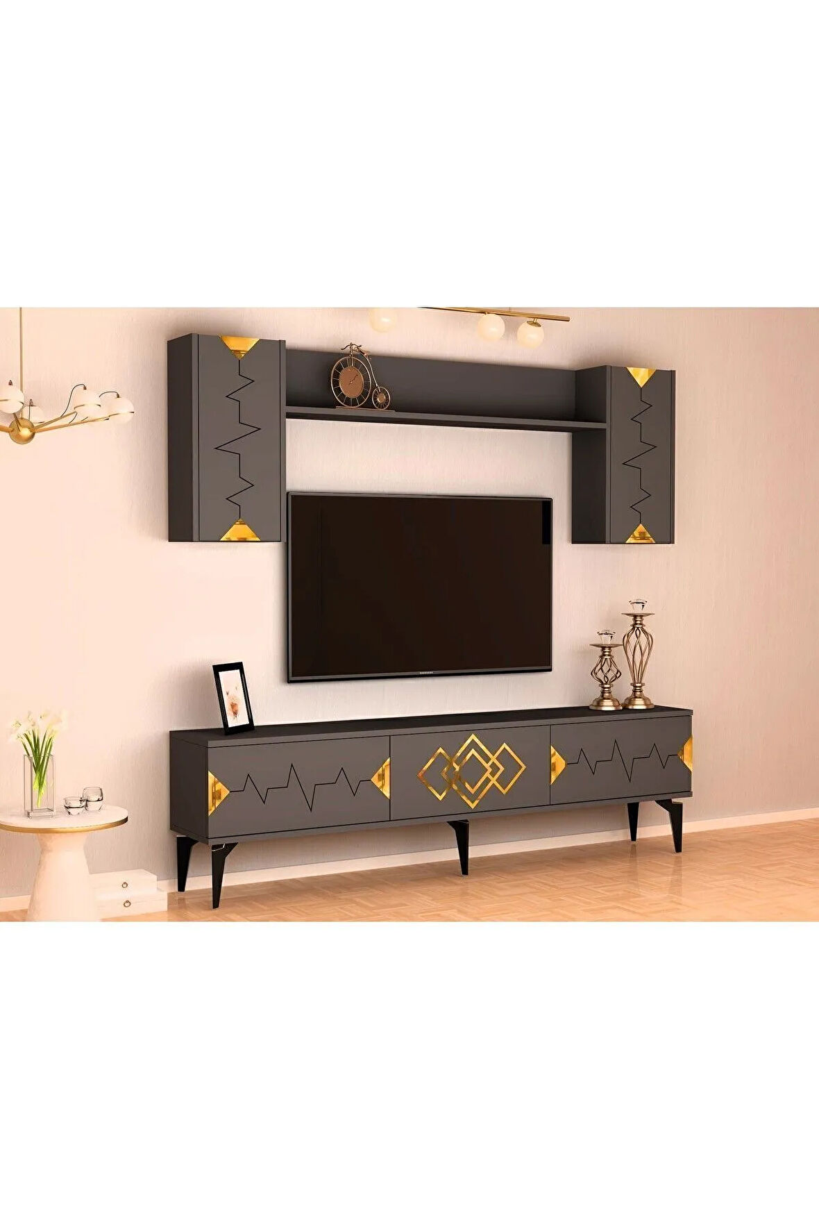 RİTİMDH 180 CM TV ÜNİTESİ TAKIMI ANTRASİT ALTIN