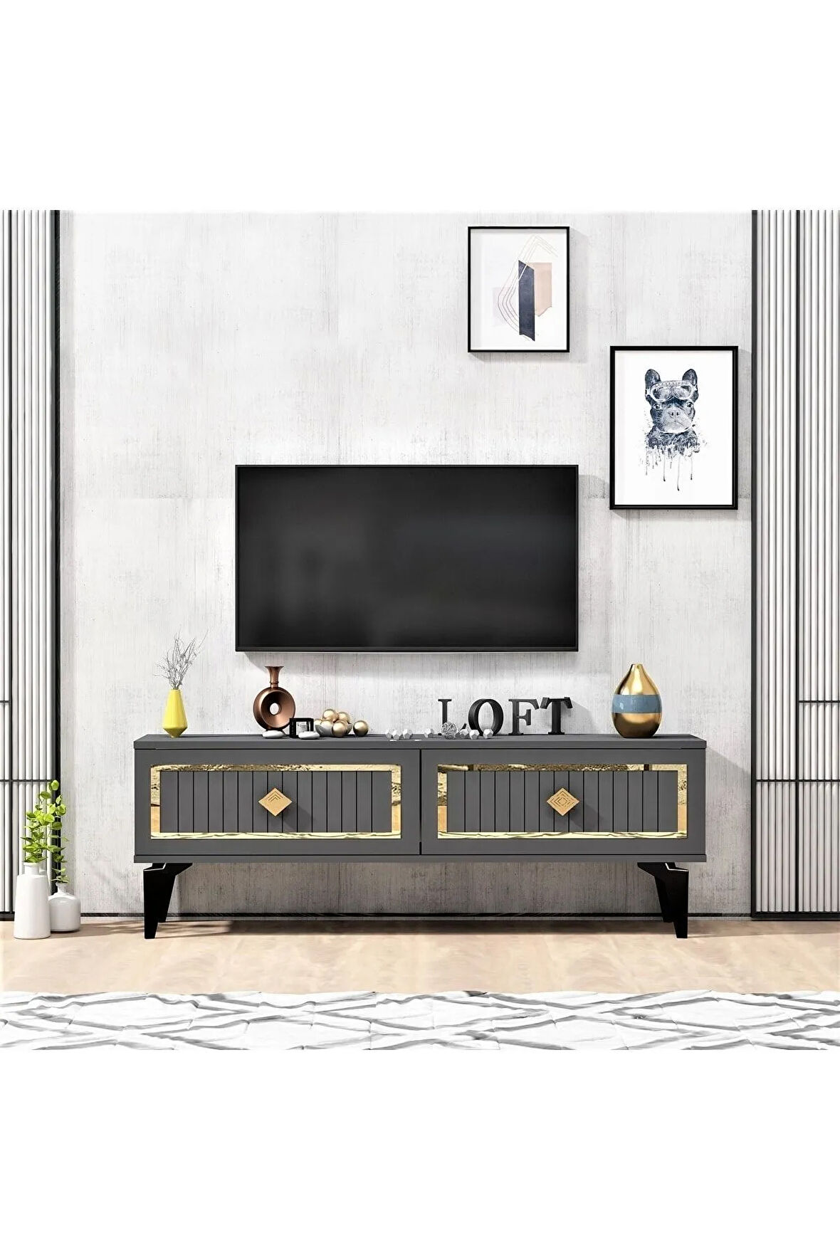 VENNADH 120 CM TV ÜNİTESİ ANTRASİT ALTIN