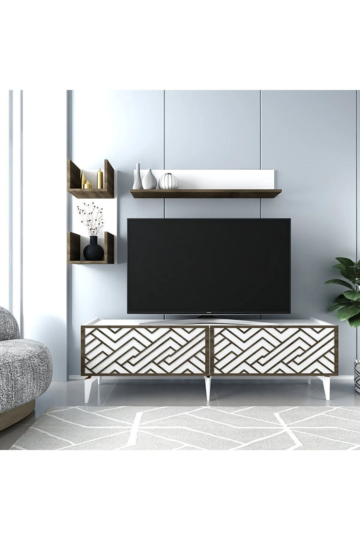 Vitadh Tv Ünitesi Takımı Beyaz (CEVİZ DESEN)