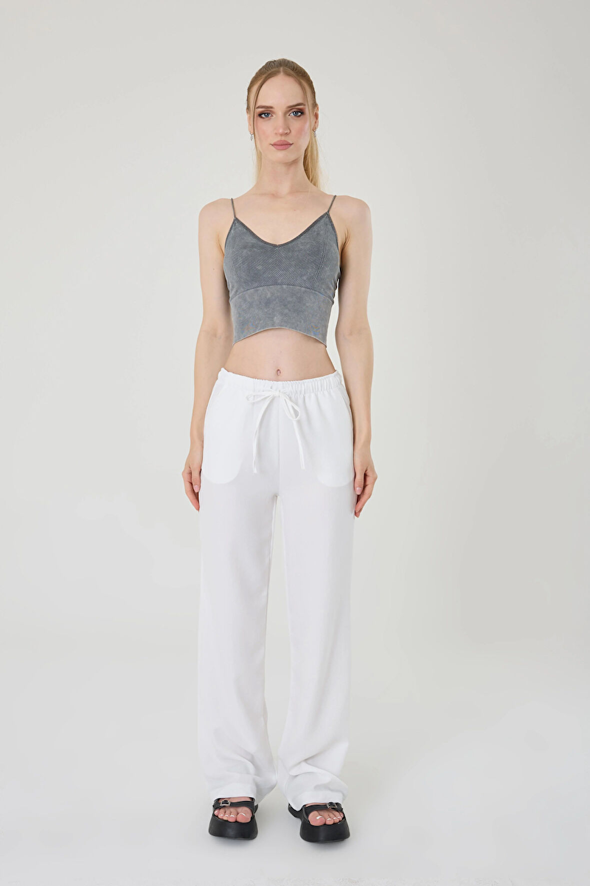 Kadın Beyaz Keten Karışımlı Bol Kesim Pantolon