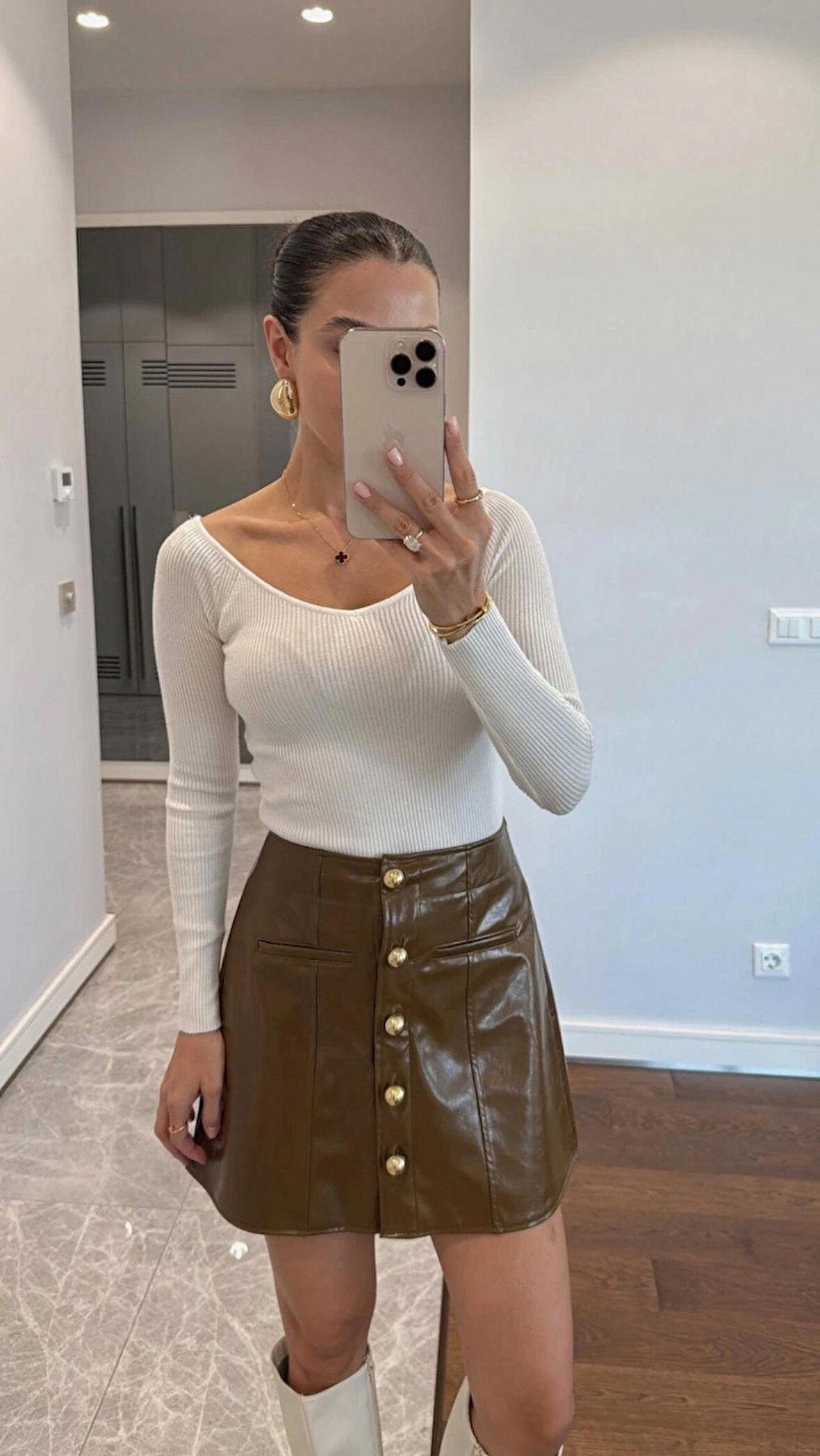 Kadın Olive Önü Düğmeli Deri Mini Etek