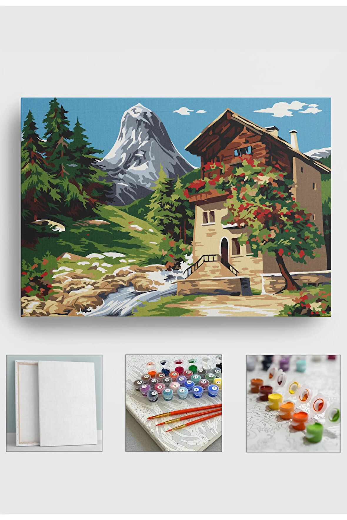 Sayılarla Boyama Seti Numaralı Tuval Fırça Boya 40x50 Cm Dere ve Ev