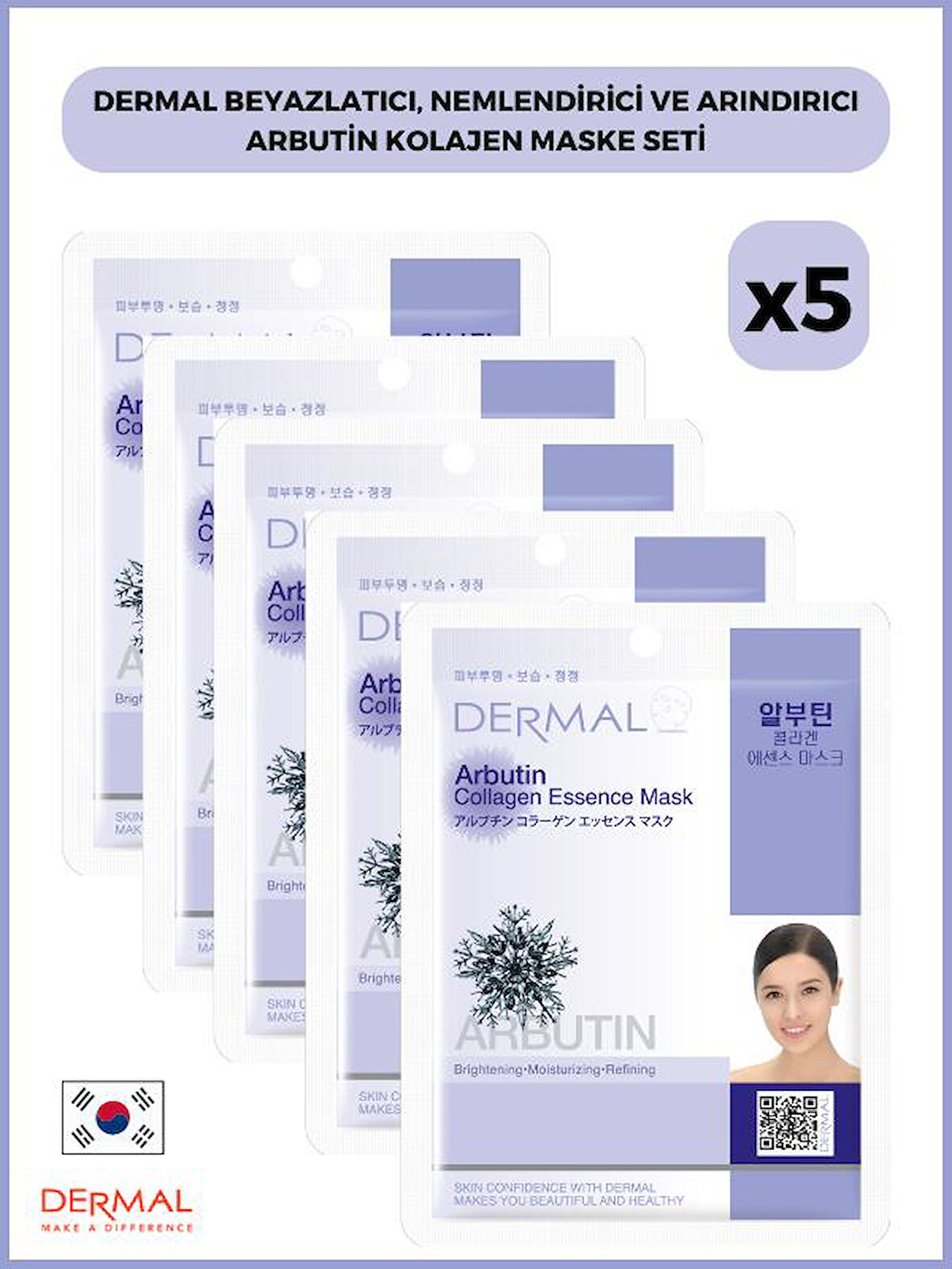 Dermal Beyazlatıcı, Nemlendirici Ve Arındırıcı Arbutin Kolajen Maske 23gr 5 Adet