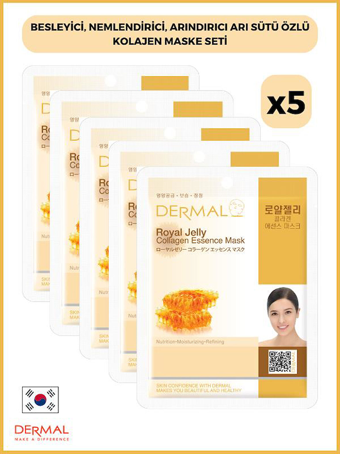 Dermal Besleyici, Nemlendirici, Arındırıcı Arı Sütü Özlü Kolajen Maske 23gr 5 Adet