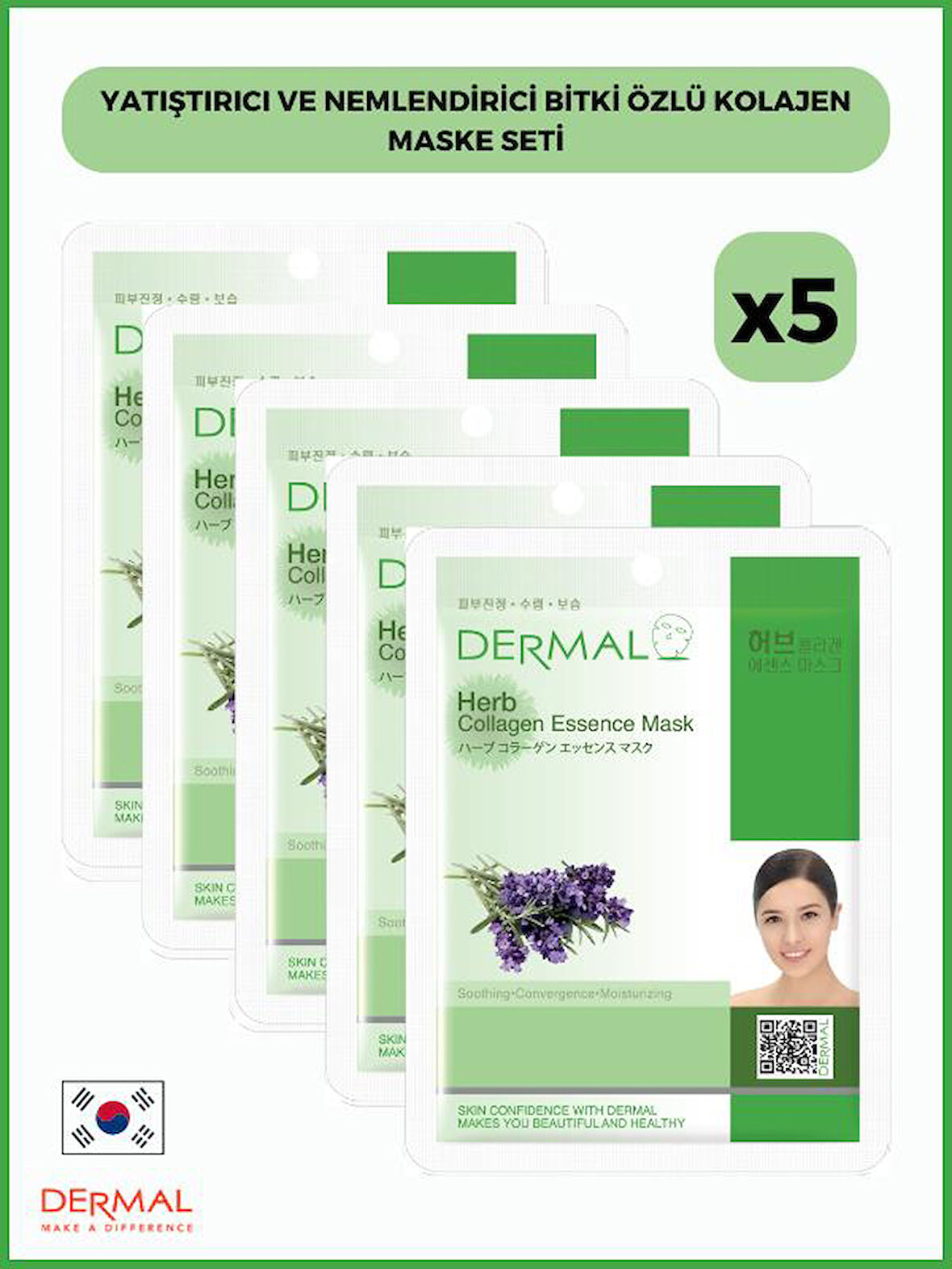 Dermal Yatıştırıcı & Nemlendirici Bitki Özlü Kolajen Maske 23gr. %100 Pamuk 5 Adet