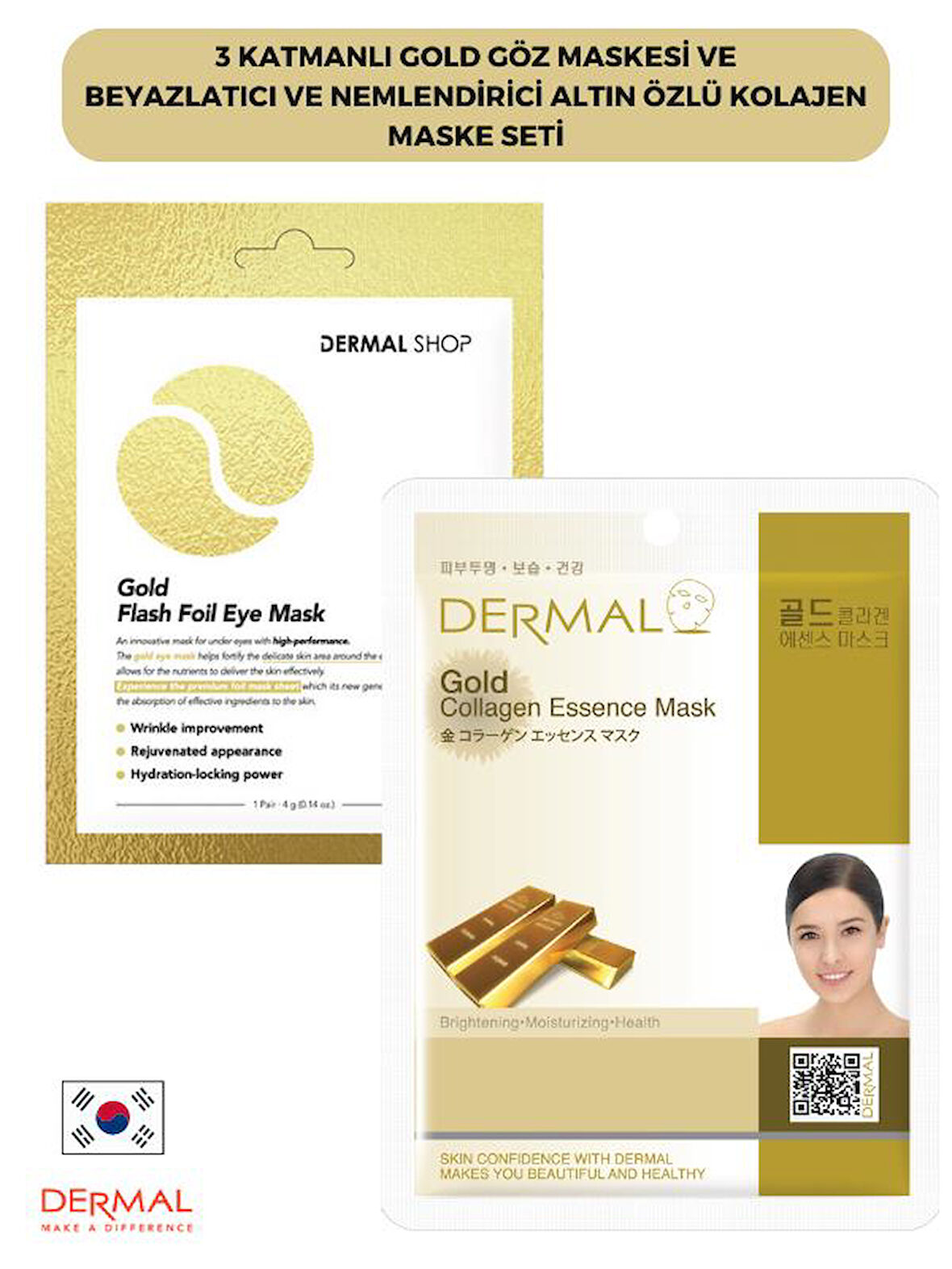 Dermal 3 Katmanlı Gold Göz Maskesi ve Beyazlatıcı Nemlendiric Kolajen Altın Maske Seti