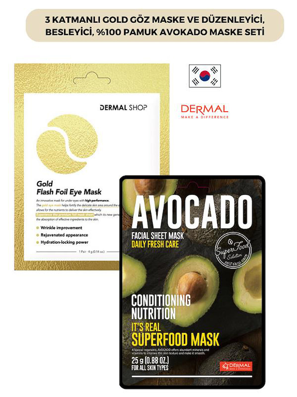 3 Katmanlı Gold Göz Maske ve Düzenleyici, Besleyici, %100 Pamuk Avokado Maske Seti