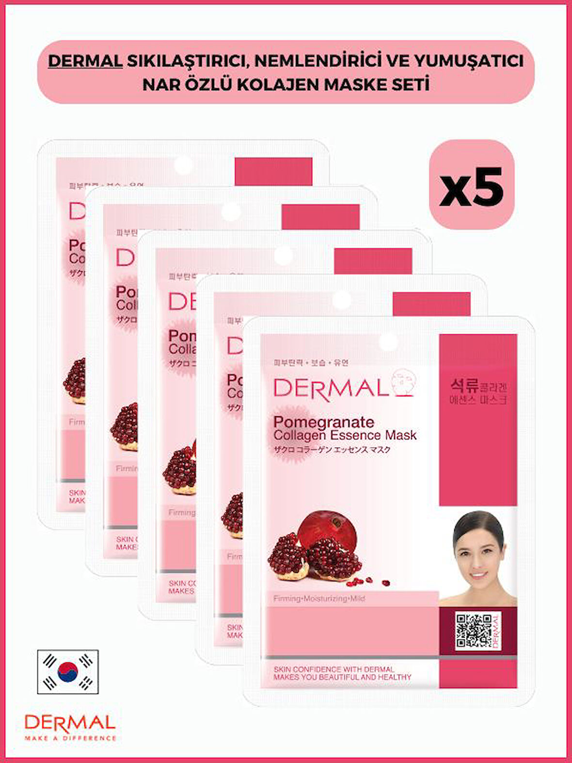 Dermal Sıkılaştırıcı, Nemlendirici Ve Yumuşatıcı Nar Özlü Kolajen Maske 23gr 5 Adet