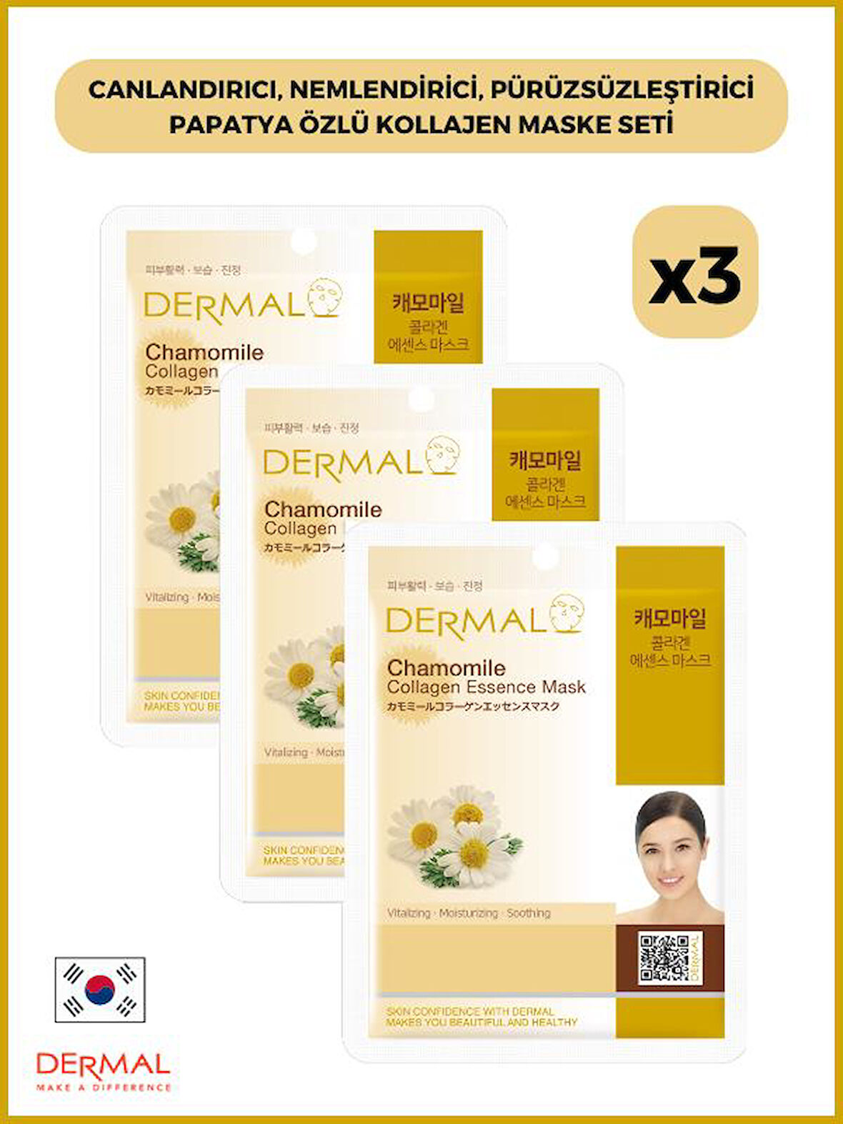 Dermal Canlandırıcı, Nemlendirici, Pürüzsüzleştirici Papatya Özlü Kollajen Maske 23 Gr 3 Adet