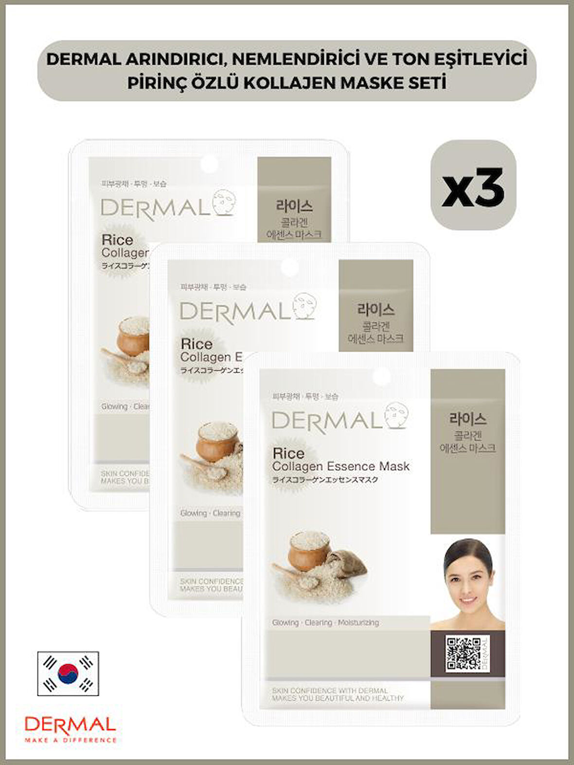 Dermal Arındırıcı, Nemlendirici Ve Ton Eşitleyici Pirinç Özlü Kollajen Maske 23 Gr 3 Adet