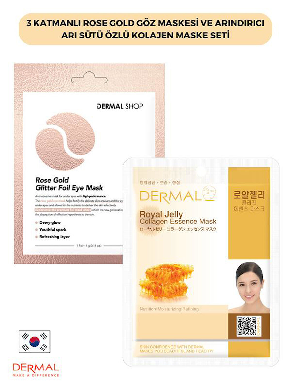 3 Katmanlı Rose Gold Göz Maskesi ve Arındırıcı Arı Sütü Özlü Kolajen Maske Seti 2 Adet