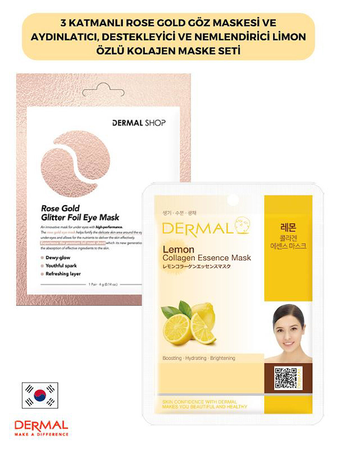 3 Katmanlı Rose Gold Göz Maskesi ve Aydınlatıcı, Destekleyici Ve Nemlendirici Limon Özlü Kolajen Maske Seti 2 Adet