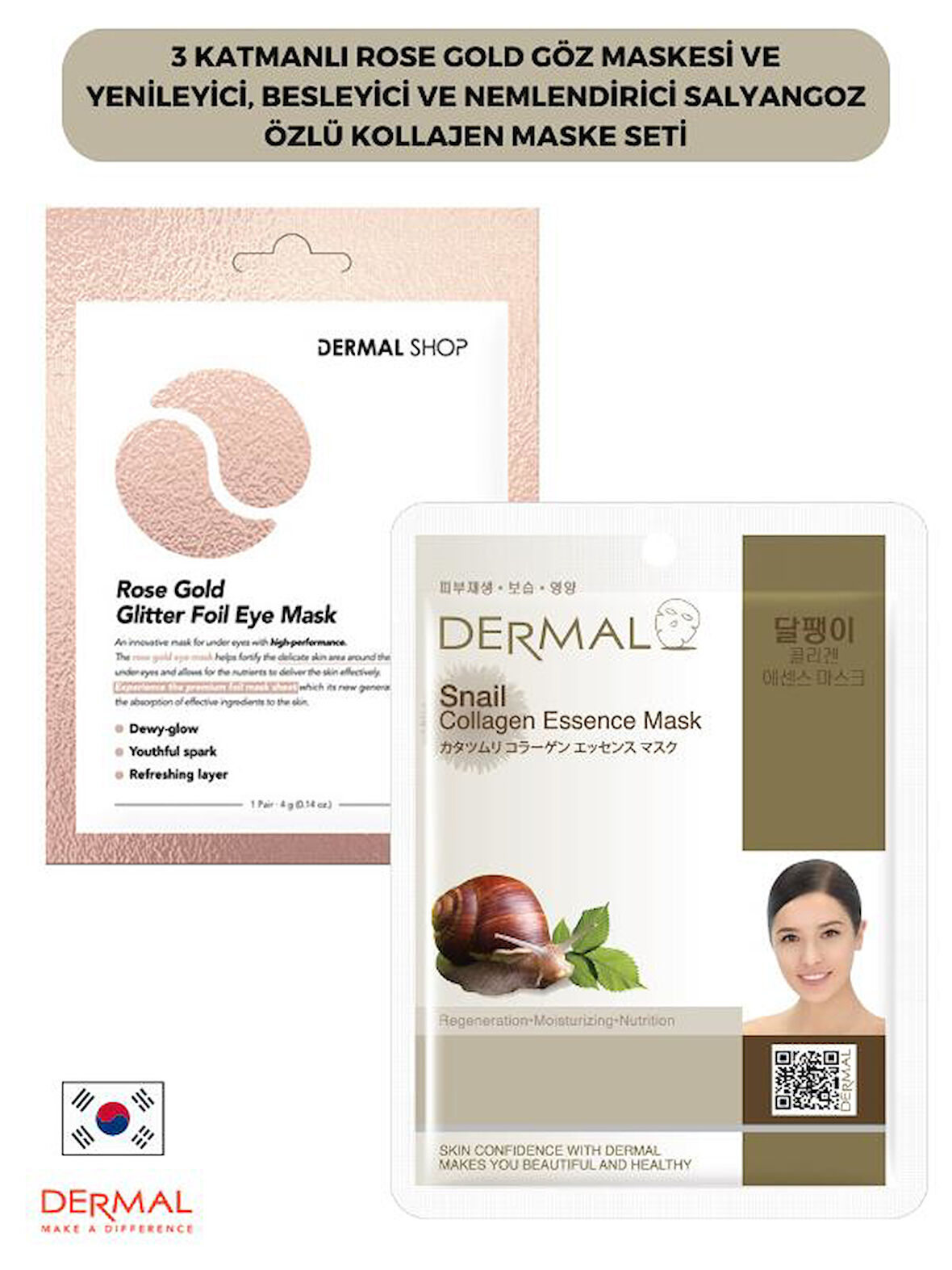3 Katmanlı Rose Gold Göz Maskesi ve Yenileyici, Besleyici Ve Nemlendirici Salyangoz Özlü Kolajen Maske Seti