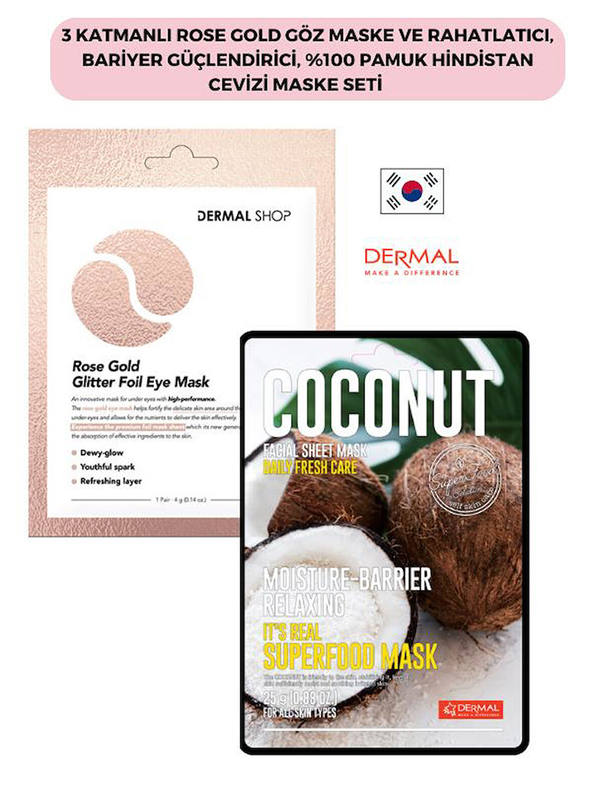 3 Katmanlı Rose Gold Göz Maske ve Rahatlatıcı, Bariyer Güçlendirici, %100 Pamuk Hindistan Cevizi Maske Seti    