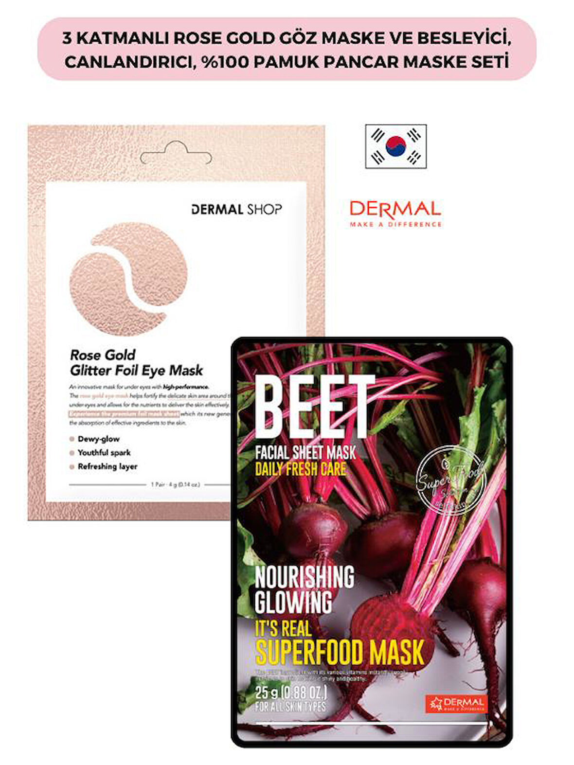 3 Katmanlı Rose Gold Göz Maske ve Besleyici, Canlandırıcı, %100 Pamuk Pancar Maske Seti