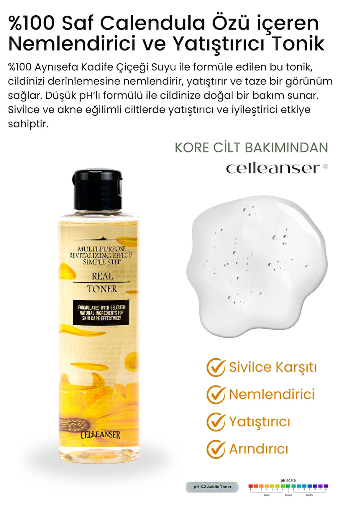 CELLEANSER Calendula Içeren Nemlendirici, Yatıştırıcı, Besleyici, Iltihaplı Akne Karşıtı Yüz Tonik