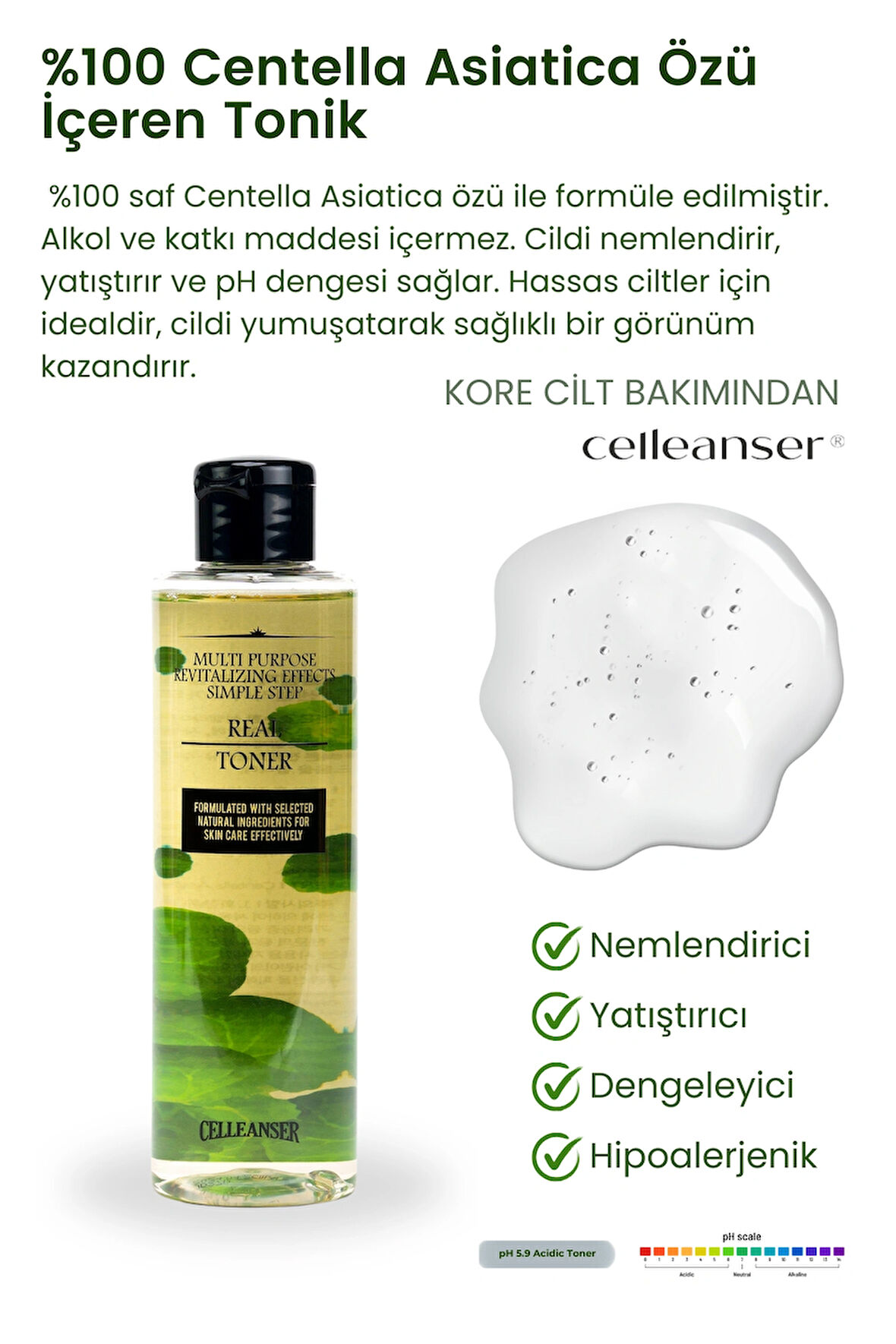 CELLEANSER %100 Saf Centella Asiatica Içeren Bariyer Onarıcı, Nemlendirici, Yenileyici, Yatıştırıcı Yüz Tonik