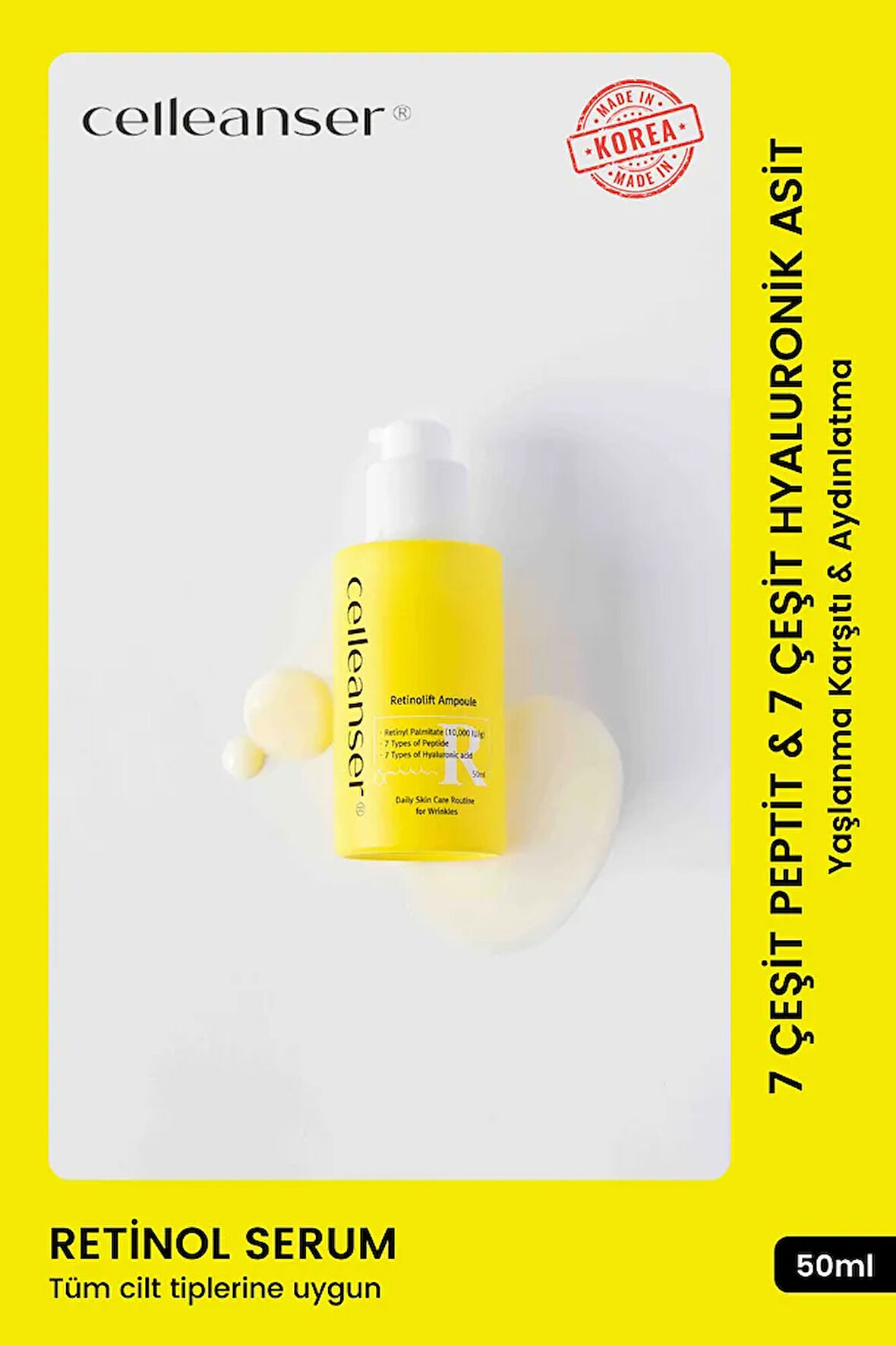 7 Çeşit Peptit & 7 Çeşit Hyaluronik Asit İçeren Yaşlanma Karşıtı ve Aydınlatıcı Retinol Serum