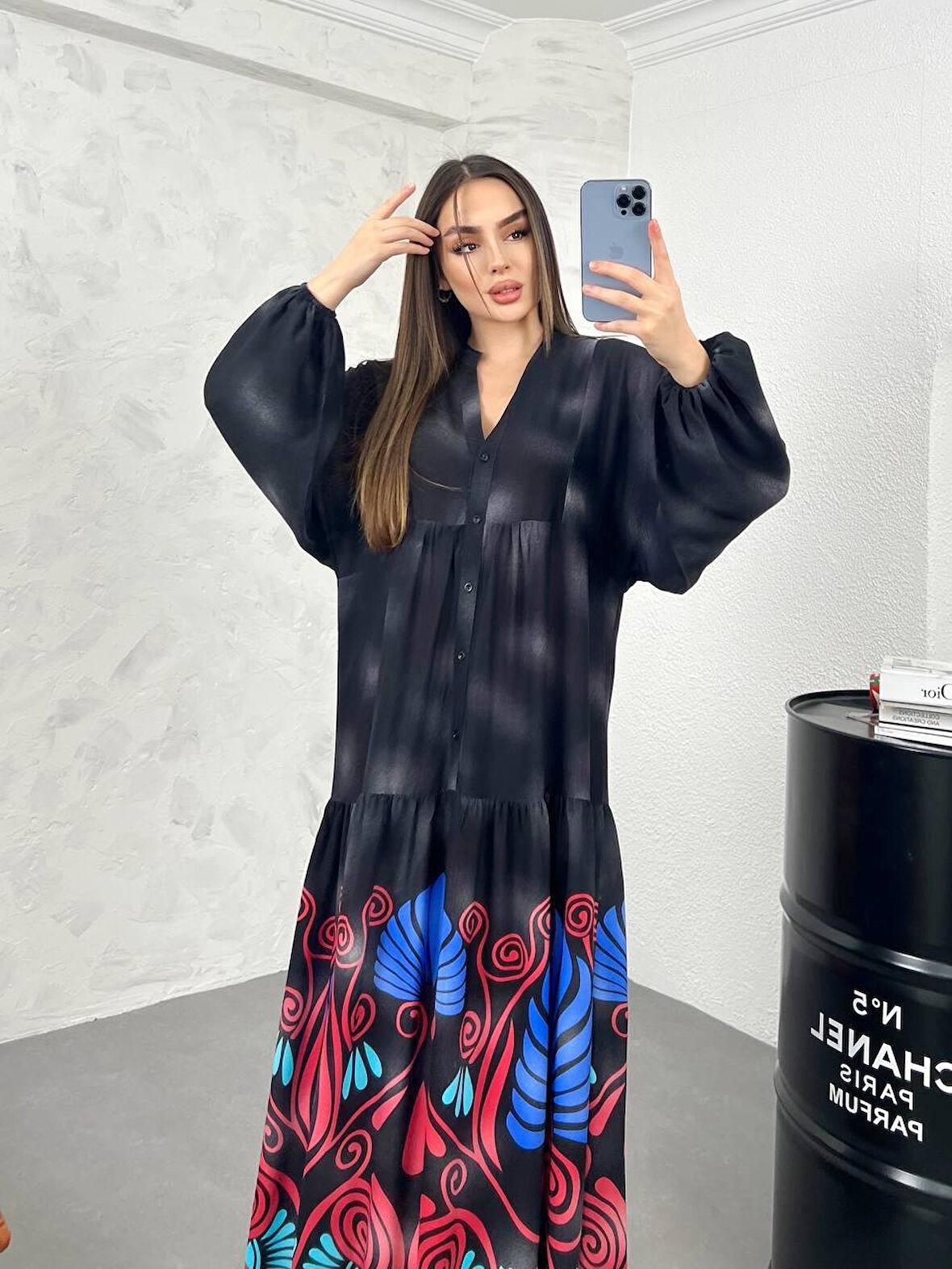 %100 Viskon Balon Kol Elbise Geniş Kloş Kesim Tesettür Elbise