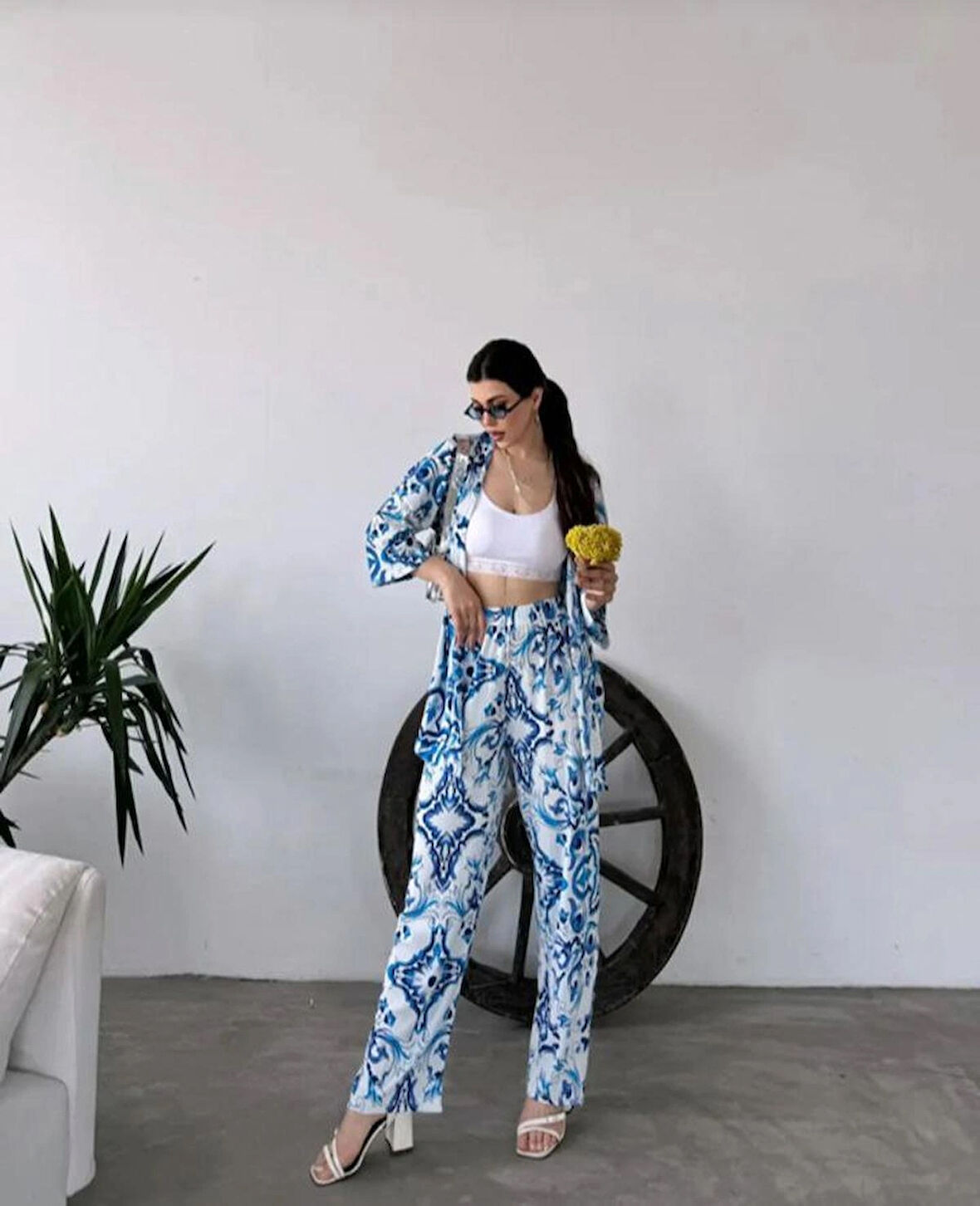 Kadın Desenli Kimono Ve Pantolon İkili Takım